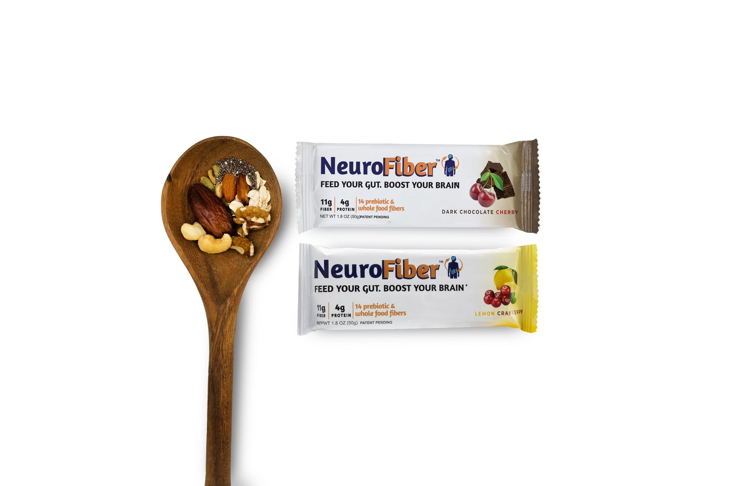  NeuroFiber bars: Dark Chocolate Cherry & Lemon Cranberry have 14-diverse whole food fibers that support the gut-brain connection. 