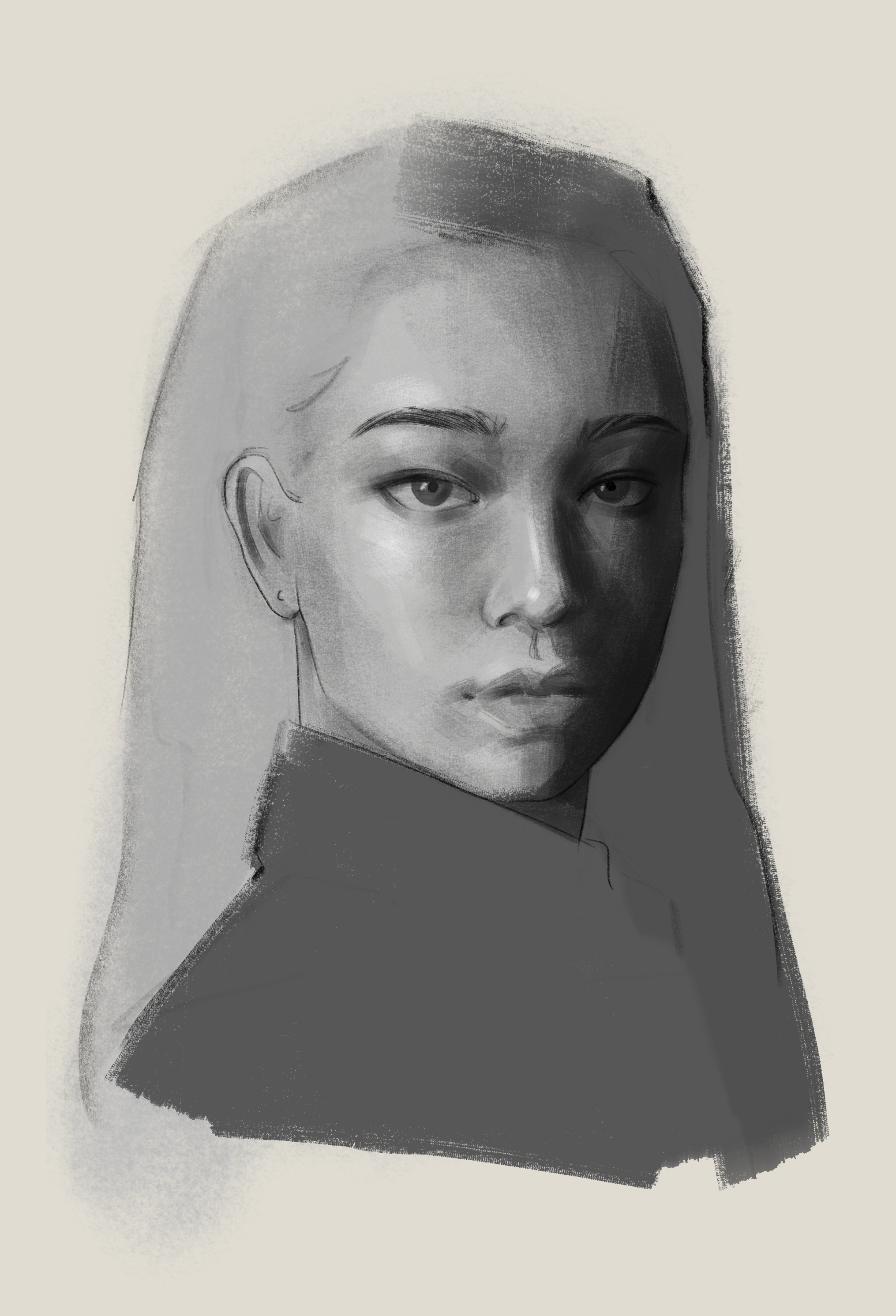 A black and white digital drawing of a woman with long hair, arched eyebrows, full lips, and a somber expression, wearing a high-collared garment.