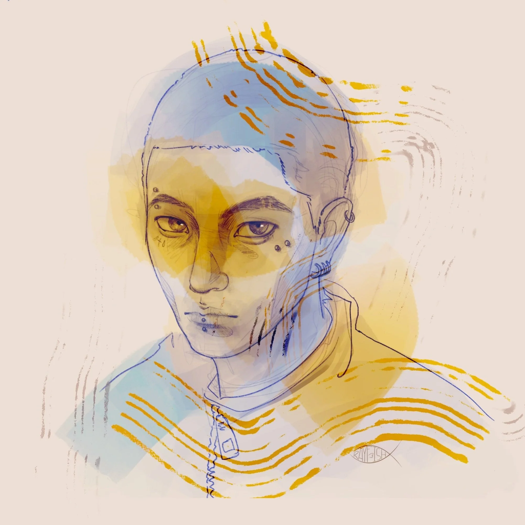 Digital sketch of a person with short hair, multiple facial piercings, and a serious expression, rendered with layered blue and yellow tones and abstract line accents.