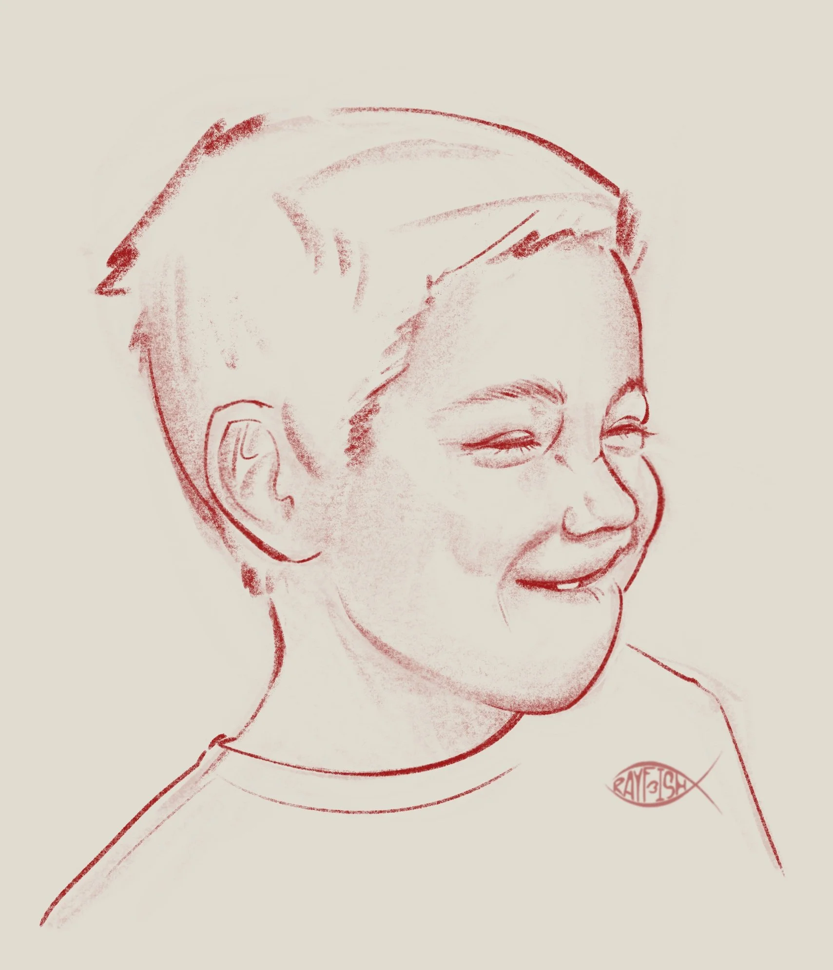 A sketch of a smiling young boy with short, tousled hair, wearing a T-shirt.