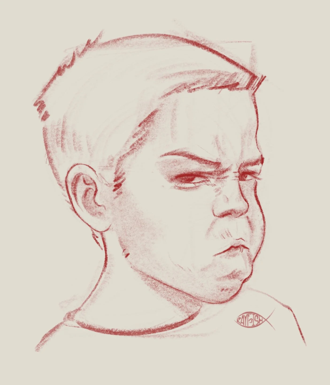 A red sketch of a young person's face with a stern expression, short hair, and a slightly furrowed brow.