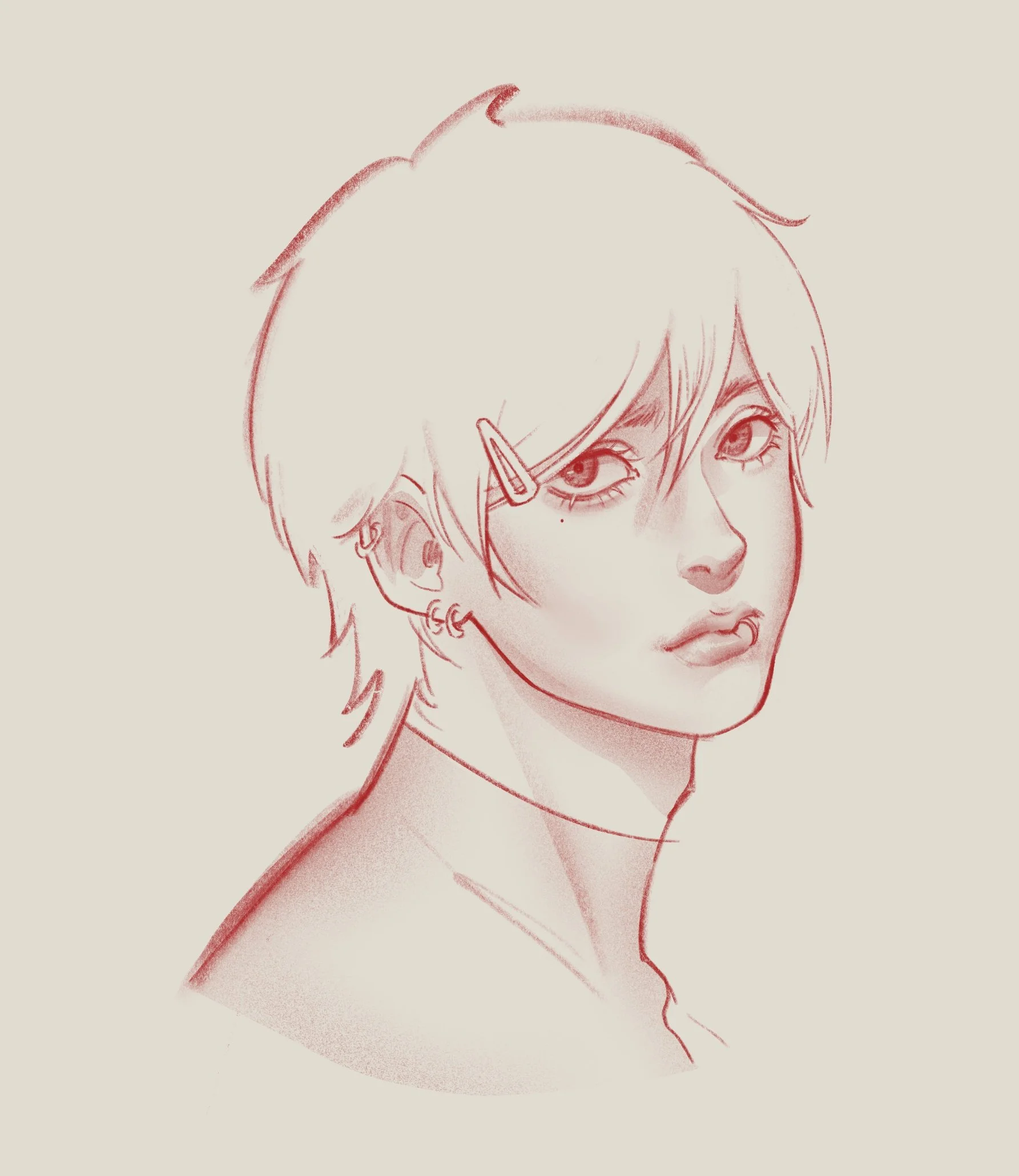 A digital sketch of a young person with short, messy hair, multiple earrings, and a hair clip, looking over their shoulder with a neutral expression.