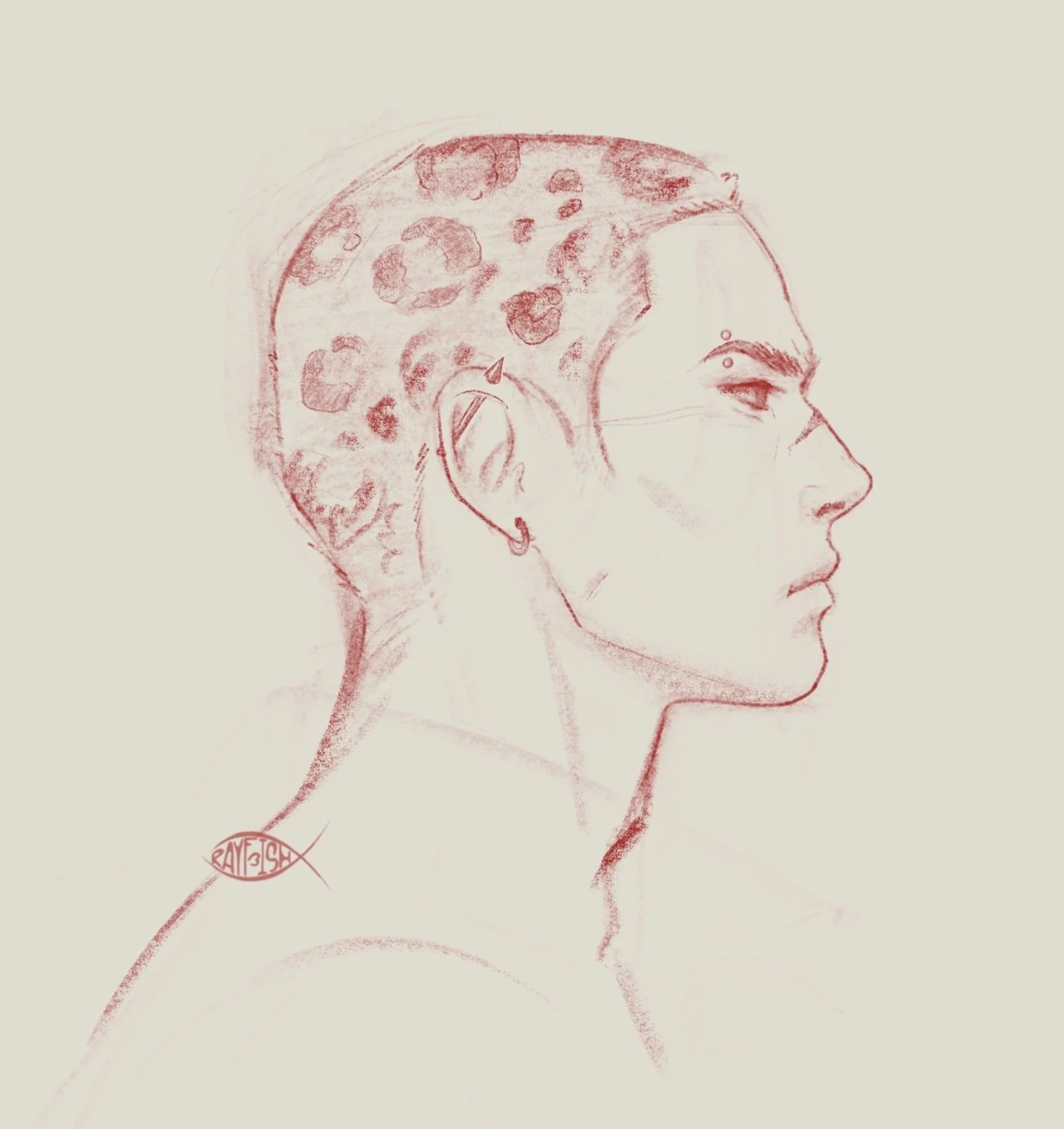 A side profile sketch of a woman with short hair, decorated with planetary and celestial patterns, wearing an earring and glasses.