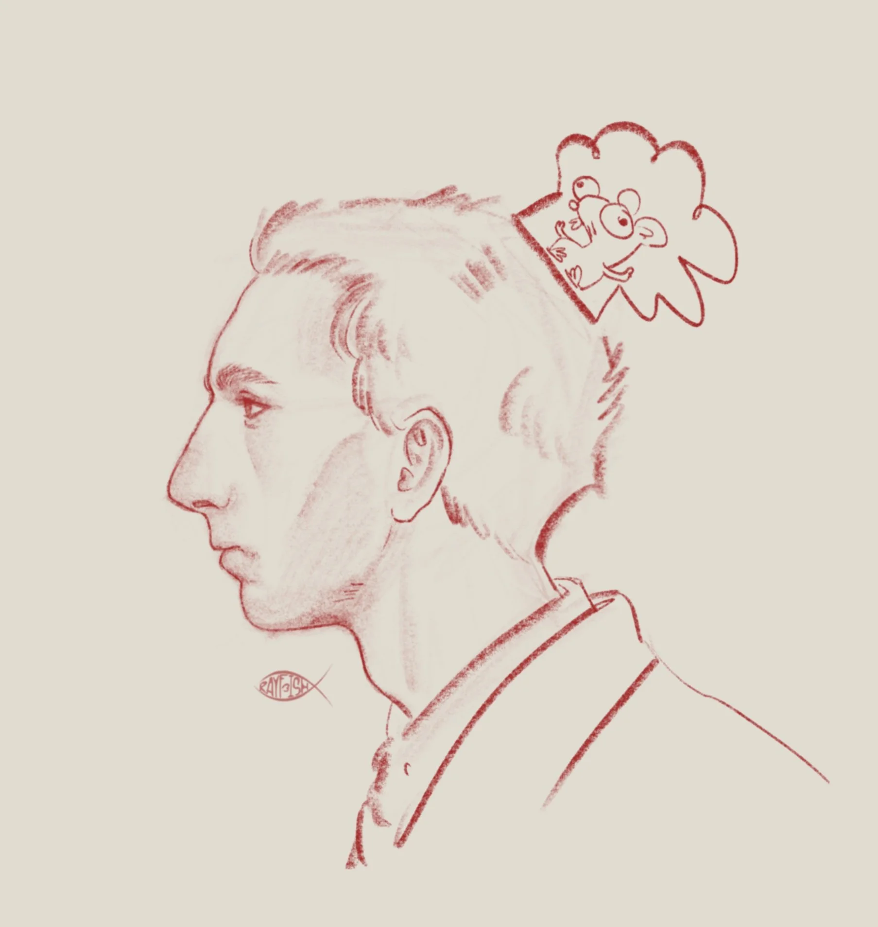 A sketch of a person in profile with a thought bubble showing a cartoon dog.