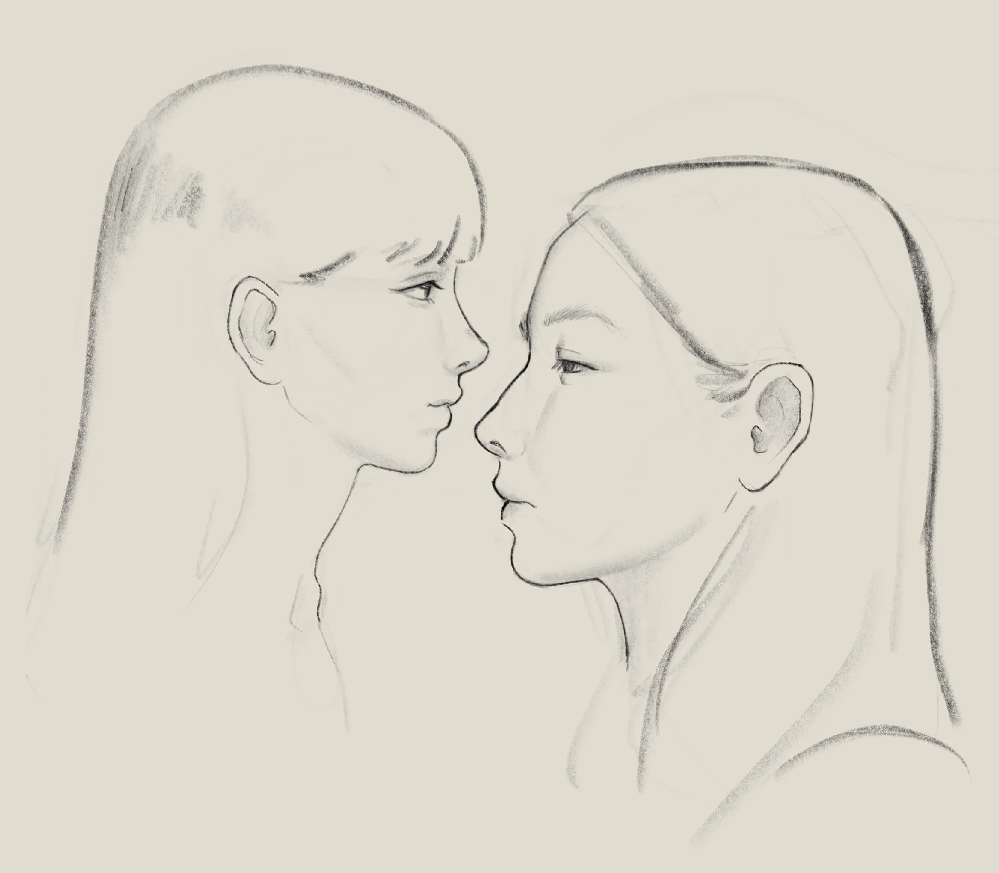 A pencil sketch of two women with their foreheads and noses touching, gazing at each other.