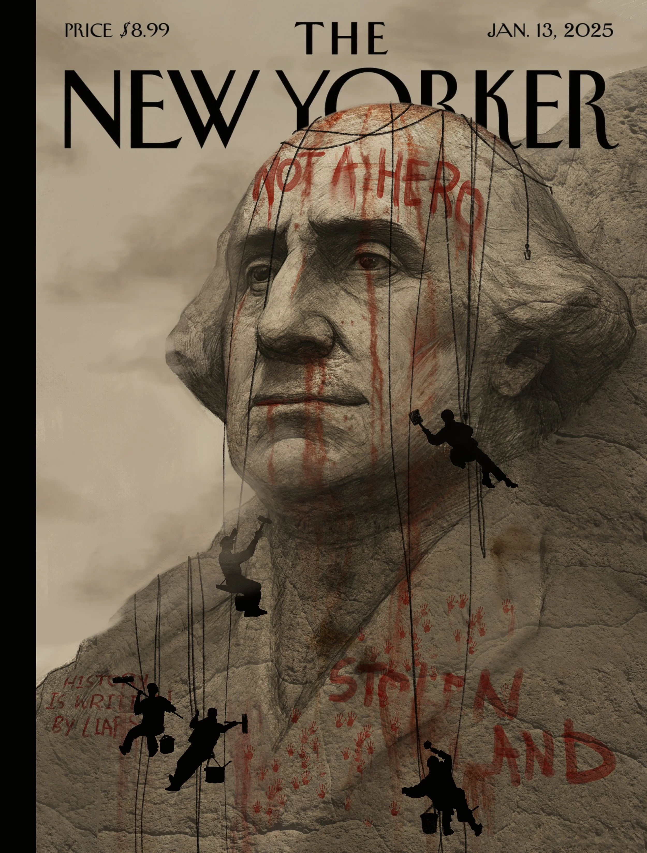 Cover of The New Yorker magazine dated January 13, 2025, featuring an illustration of a large face carved into a stone mountain with graffiti that says 'NOT A HERO?' and 'STAY AND' and small silhouetted figures of climbers painting and working on the