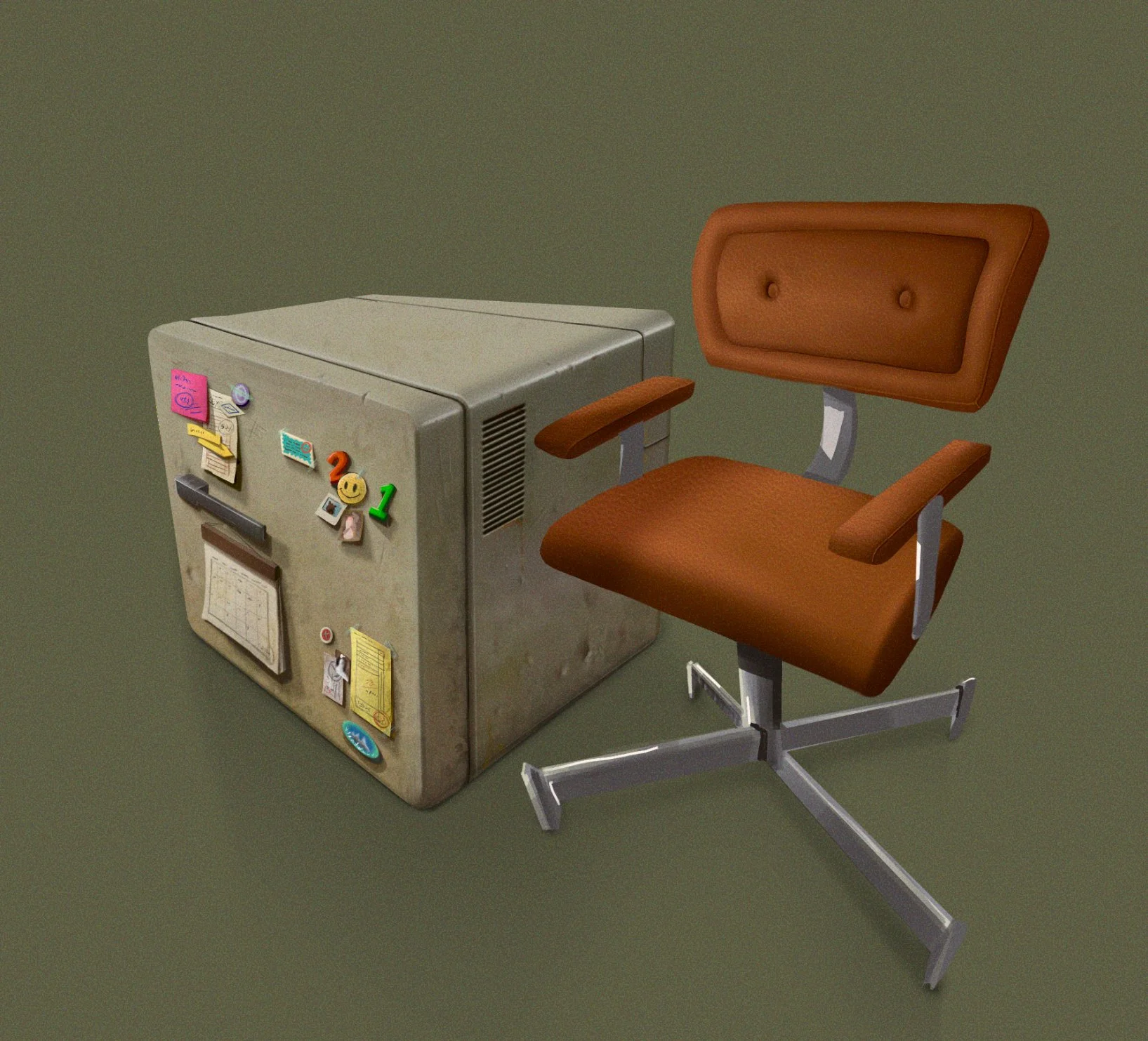 A vintage office chair with a brown cushioned seat and backrest, and a beige metal base, positioned next to a worn, beige metal filing cabinet covered with colorful magnets and papers, on a plain green background.