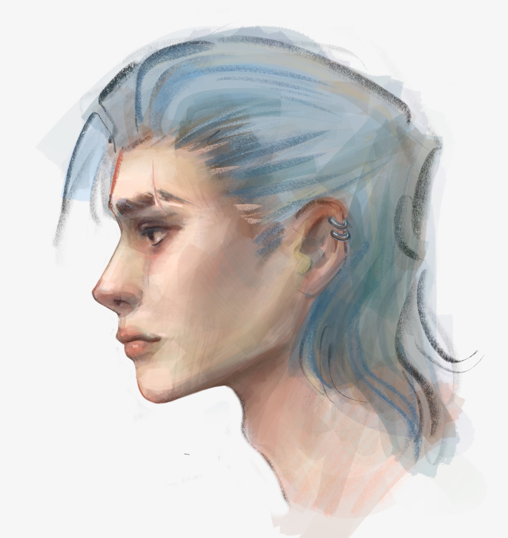 Digital portrait of a woman with blue hair, piercings, and a serious expression, side profile view.