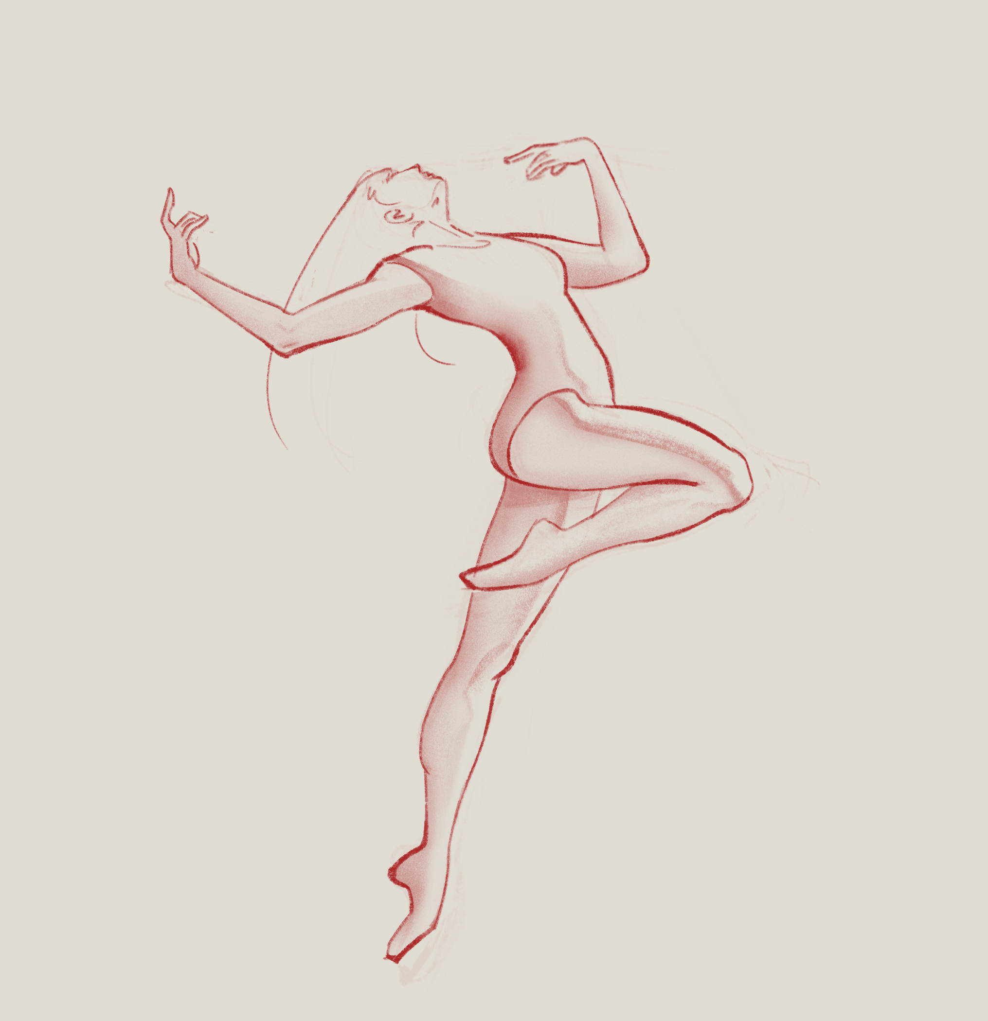 A sketch of a woman in a dance pose with one leg raised and arms in expressive gestures.