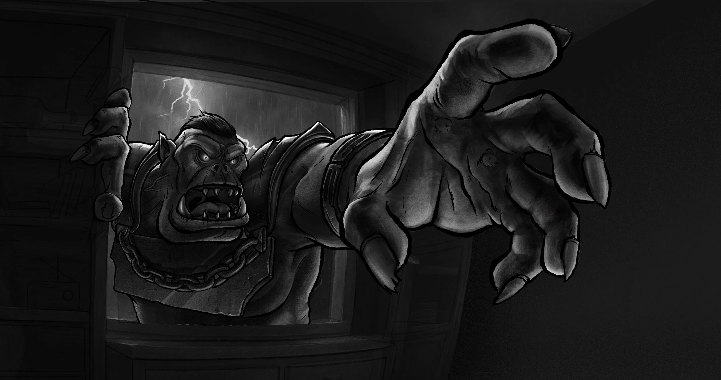 A menacing orc with sharp teeth and wearing chains is reaching out toward the viewer with a large, clawed hand inside a dark room, with lightning flashing in the background.