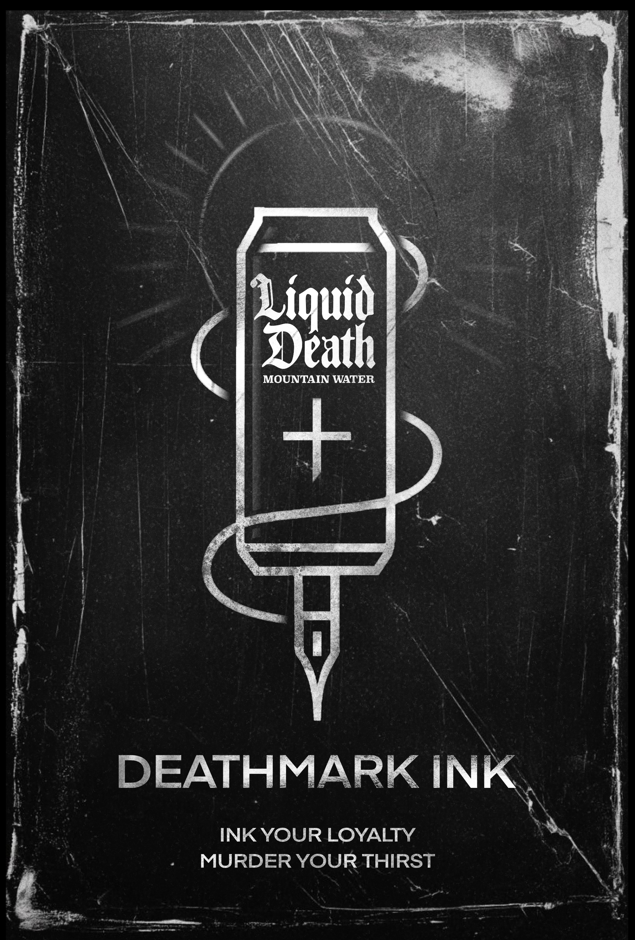 A chalkboard with a skull and crossbones design, featuring a soda can labeled 'Liquid Death Mountain Water', a syringe, and the text 'Deathmark Ink - Ink Your Loyalty, Murder Your Thirst'.