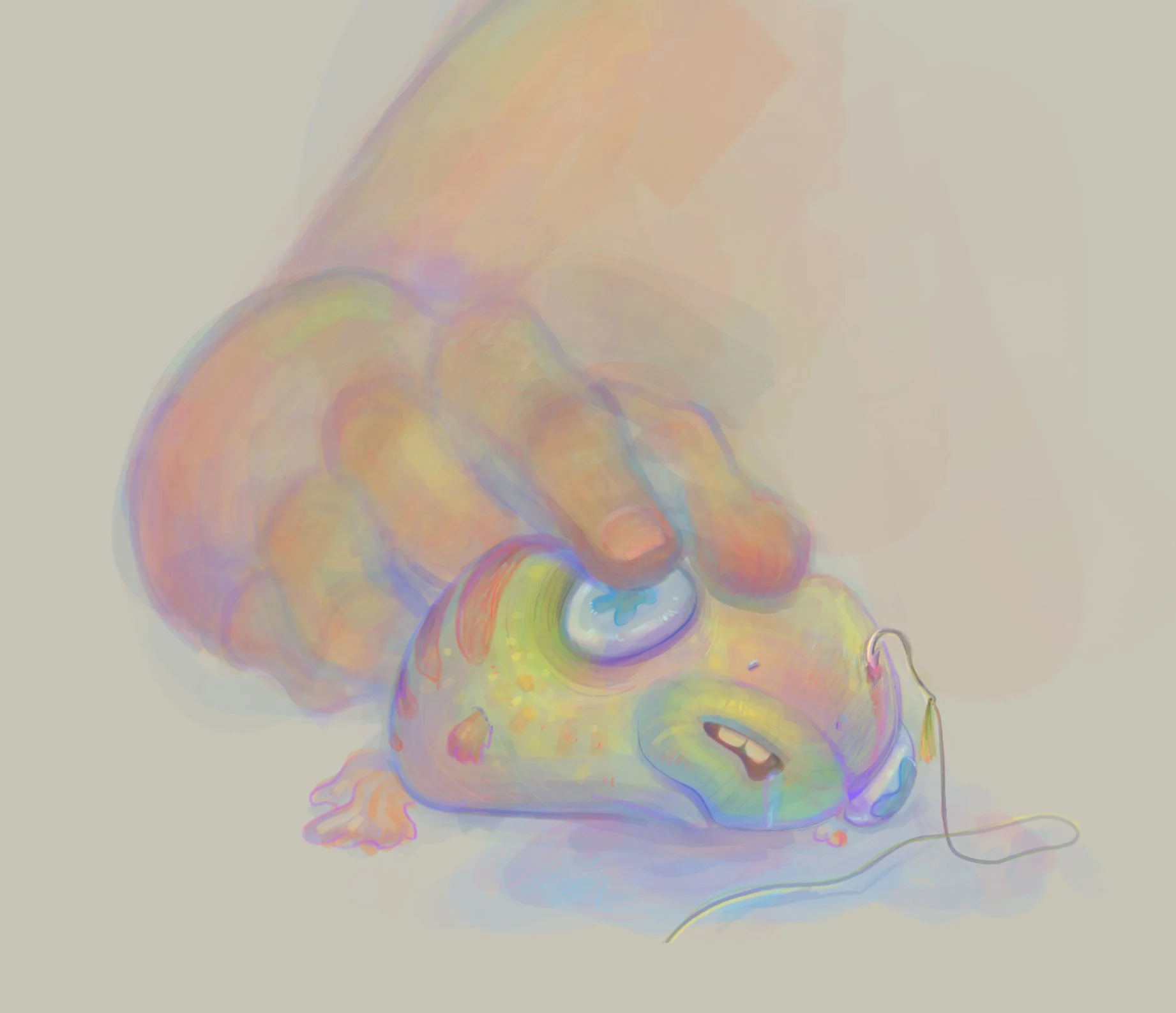 A colorful abstract illustration of a rat with a rainbow-colored rainbow emerging from its head and a mouse trap on its body, with a fishing hook near its ear.