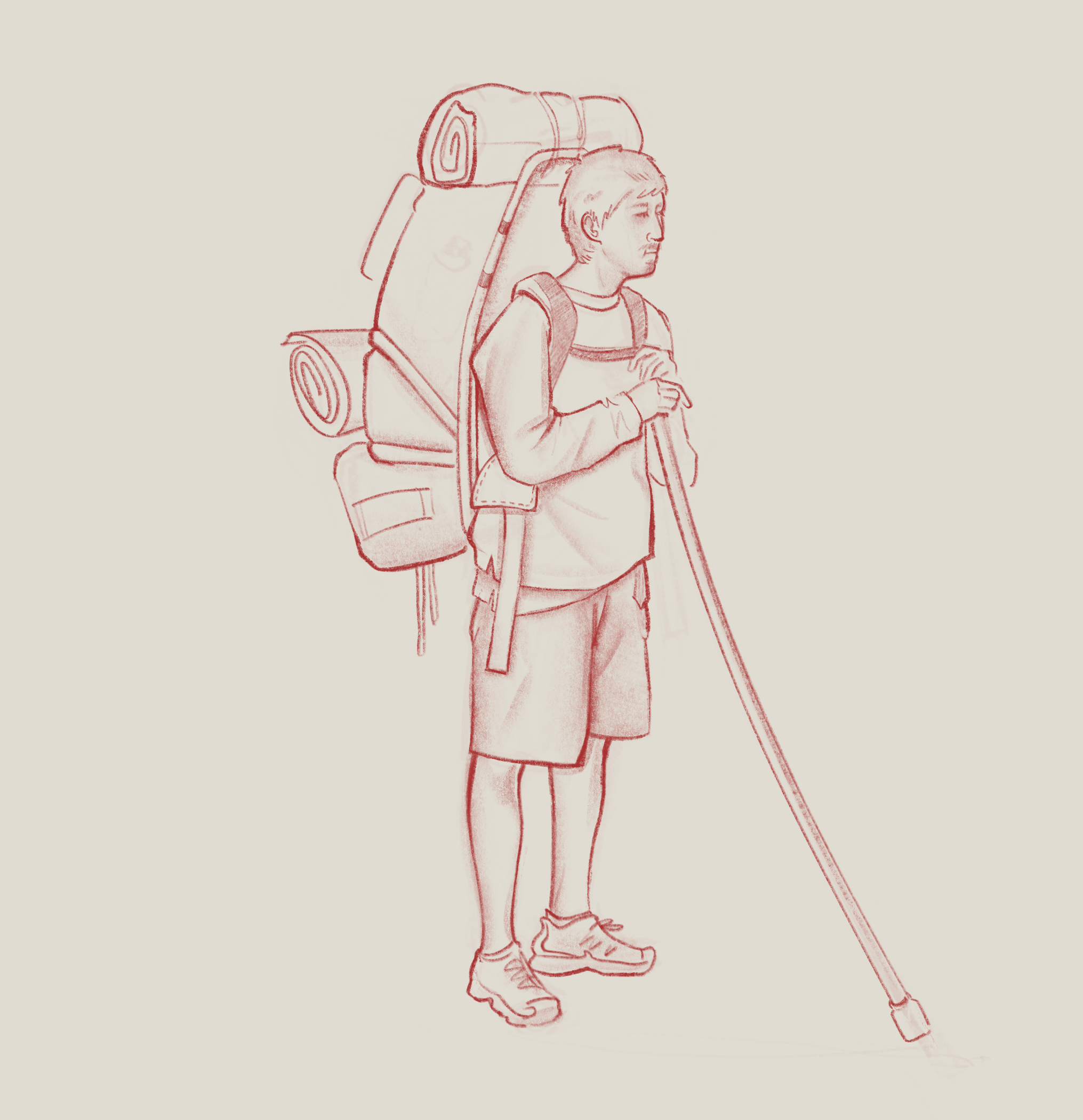 Line drawing of a young male hiker standing outdoors with a large backpack, holding a trekking pole, dressed in a long-sleeve shirt, shorts, and hiking shoes.
