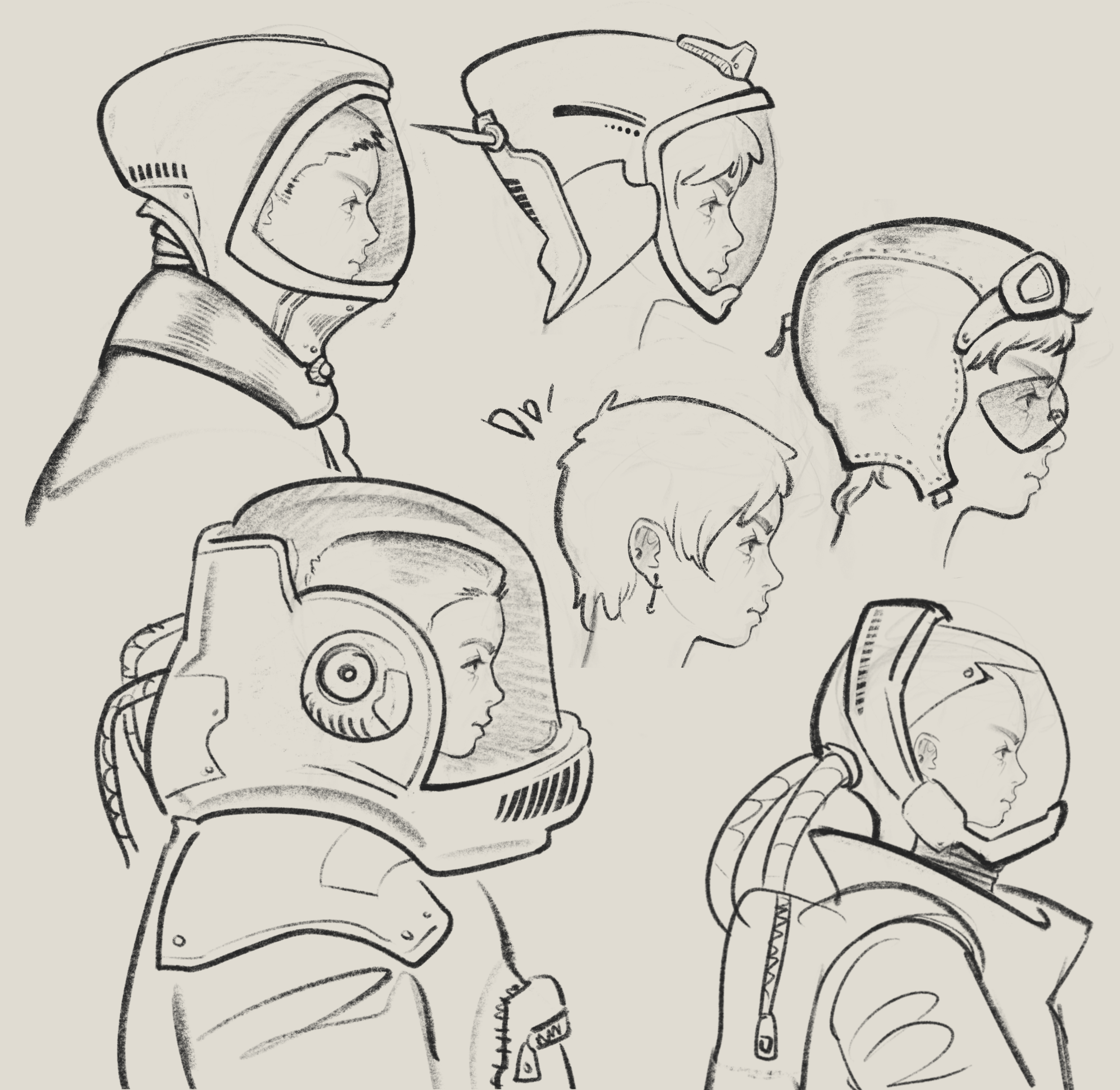 Sketches of people wearing space helmets and gear, showcasing different angles and hairstyles.