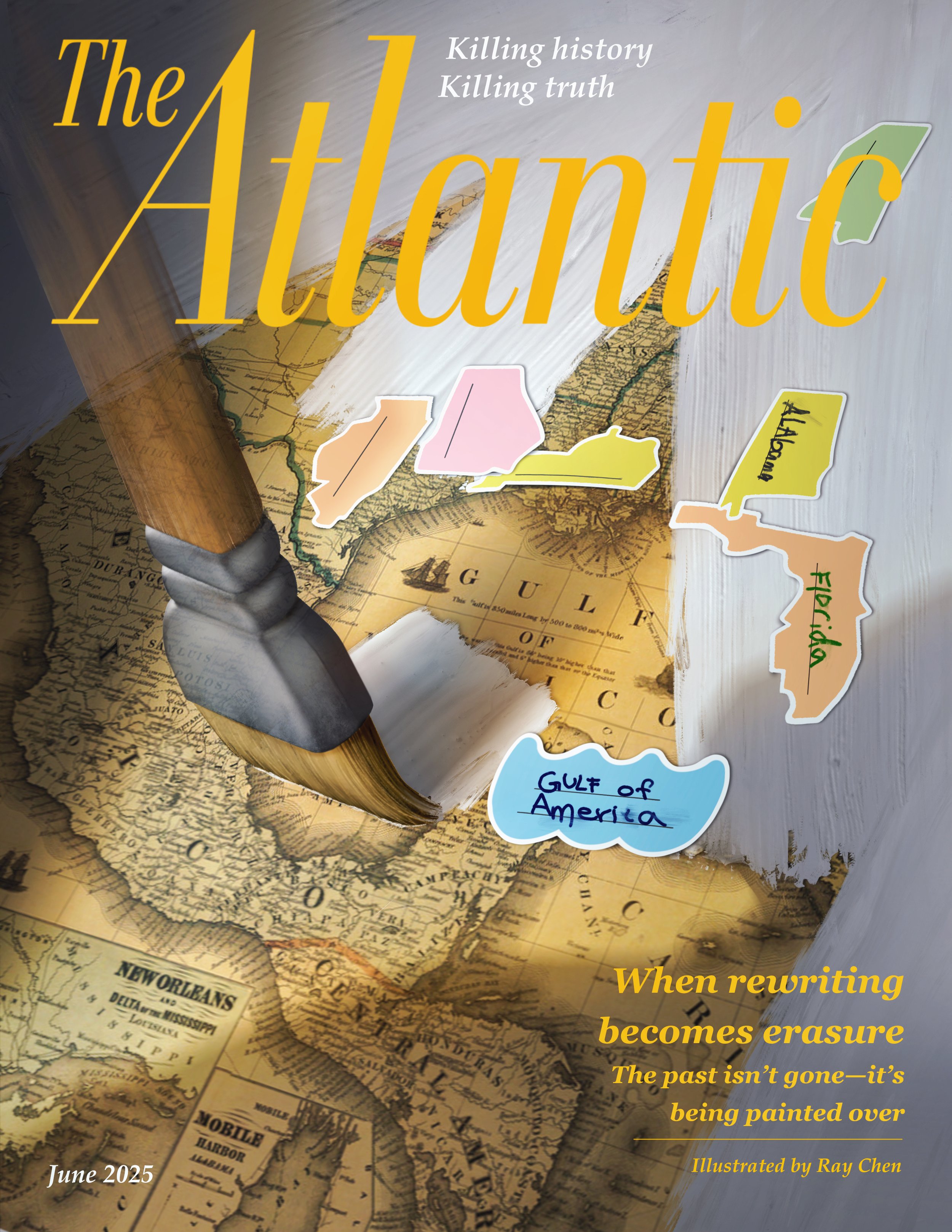 Cover page of a magazine titled "The Atlantic" with the subtitle "Killing history Killing truth." The background features an old map of the Atlantic Ocean with colorful sticky notes depicting eastern states and regions, such as "Florida," "Alabama," 