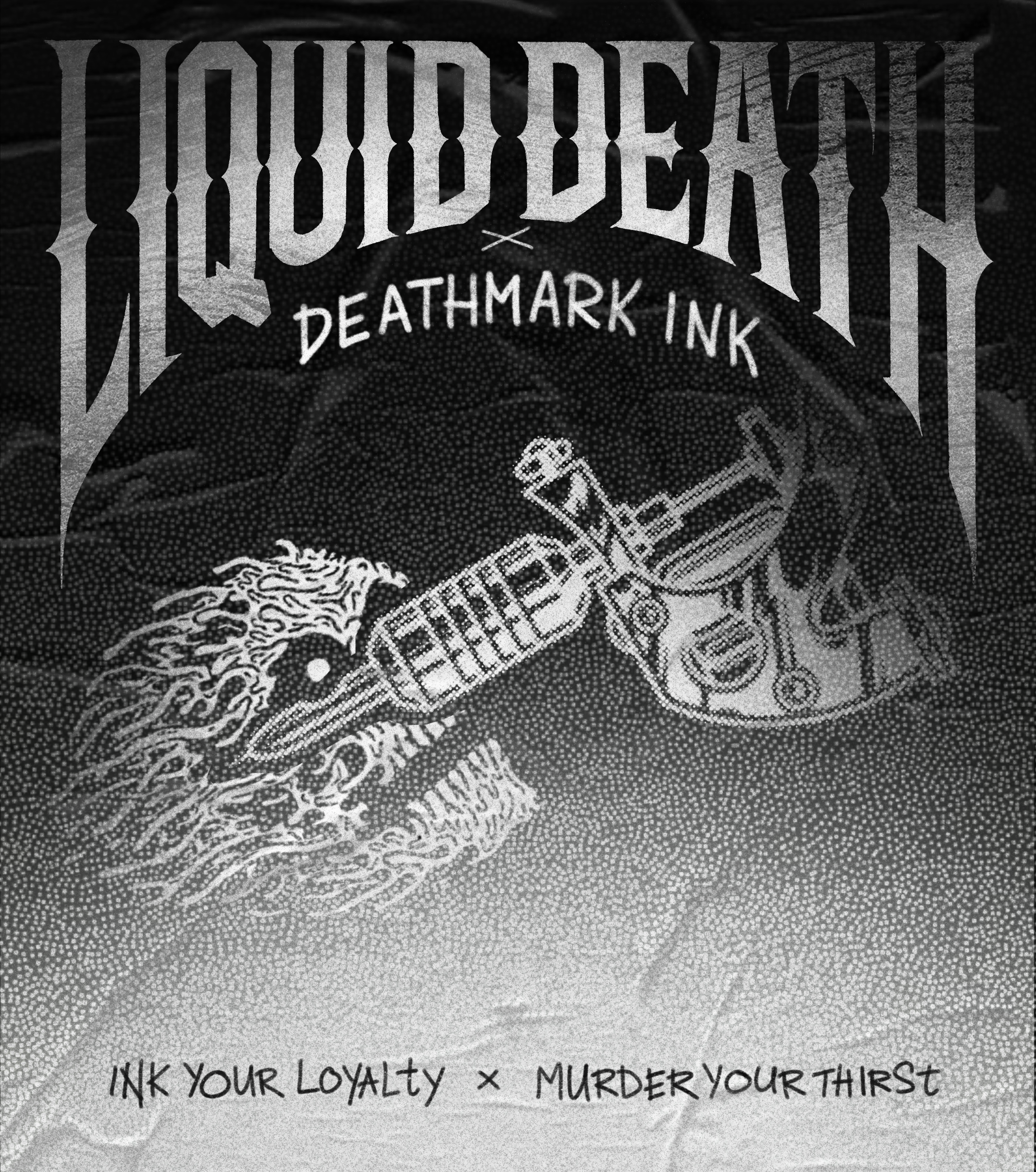 Black and white illustration of a skull with a tattoo machine, flames, and a beer mug. Text at the top reads "Loyal Déjate" and "Deathmark Ink". At the bottom, it says "Ink Your Loyalty x Murder Your Thirst."