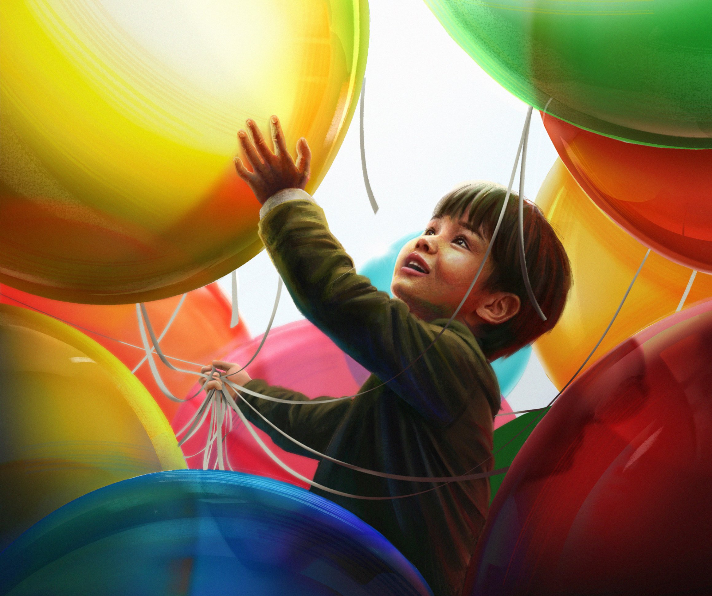 A young boy reaching up to touch colorful balloons in the sky.