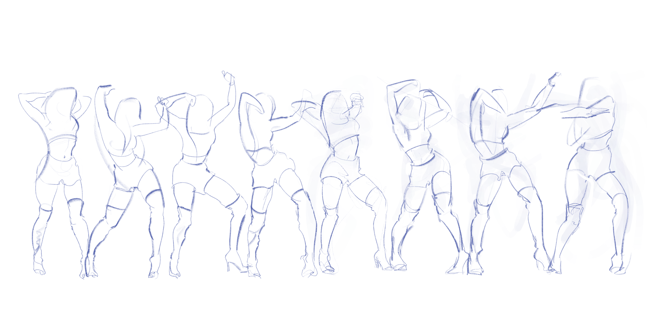 A line drawing of eight women in various dance poses, wearing athletic shorts and crop tops, with some wearing high heels and most with long hair.