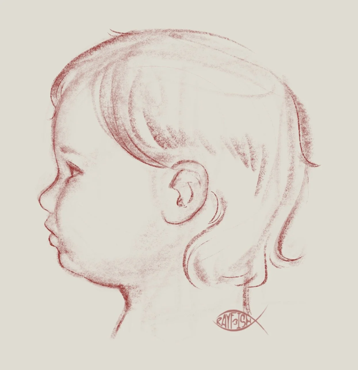 A pencil sketch of a child's profile facing left, showing detailed facial features and hair.