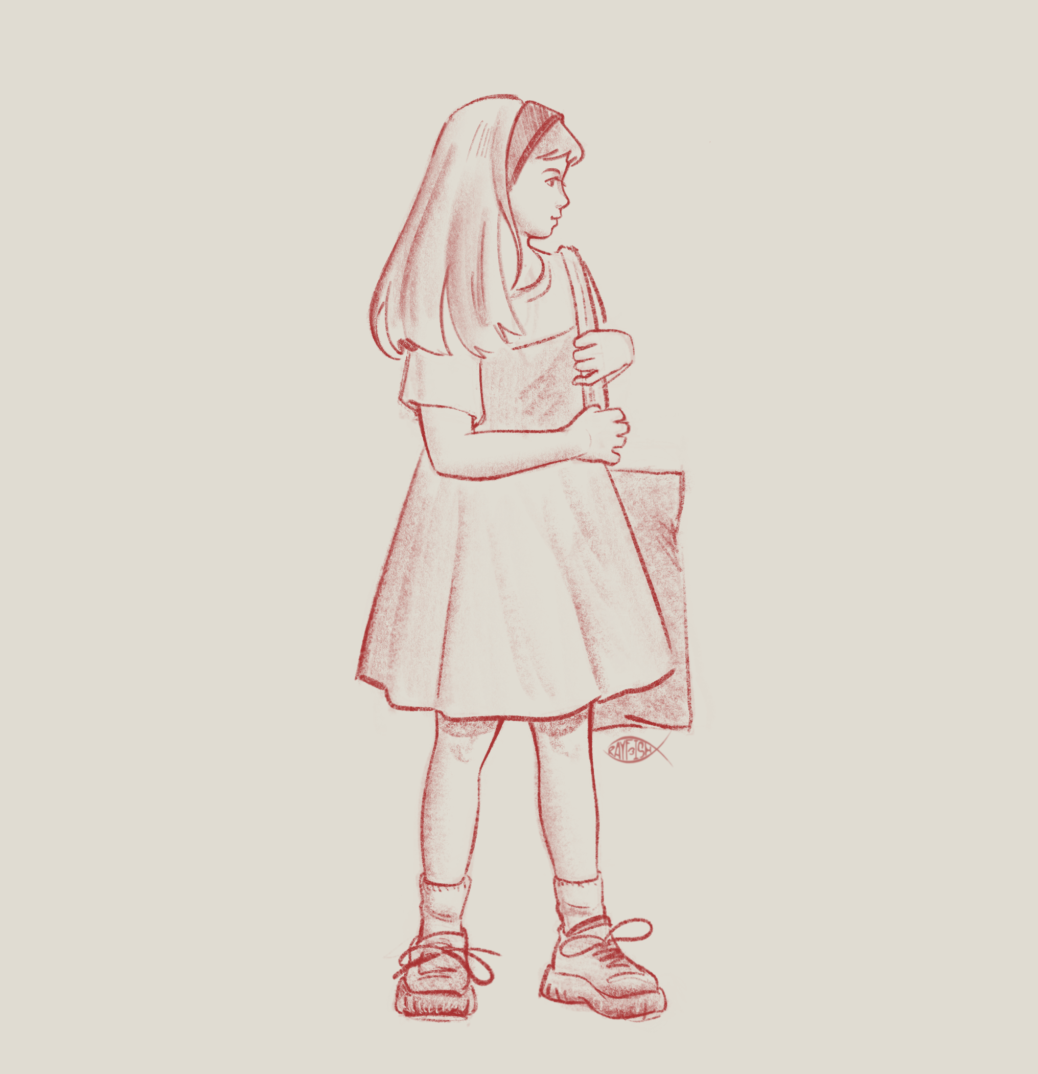A sketch of a young girl with shoulder-length hair, wearing a dress with a full skirt, sneakers, and holding a backpack strap, facing sideways.