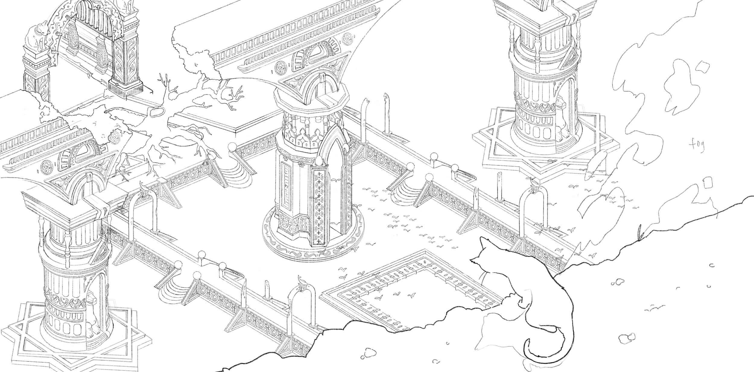 Line drawing of an ornate fantasy palace with multiple towers and connecting walkways, surrounded by trees, clouds, and an elephant with a hat and a fox. The drawing includes architectural details and some text labeled 'fog'.