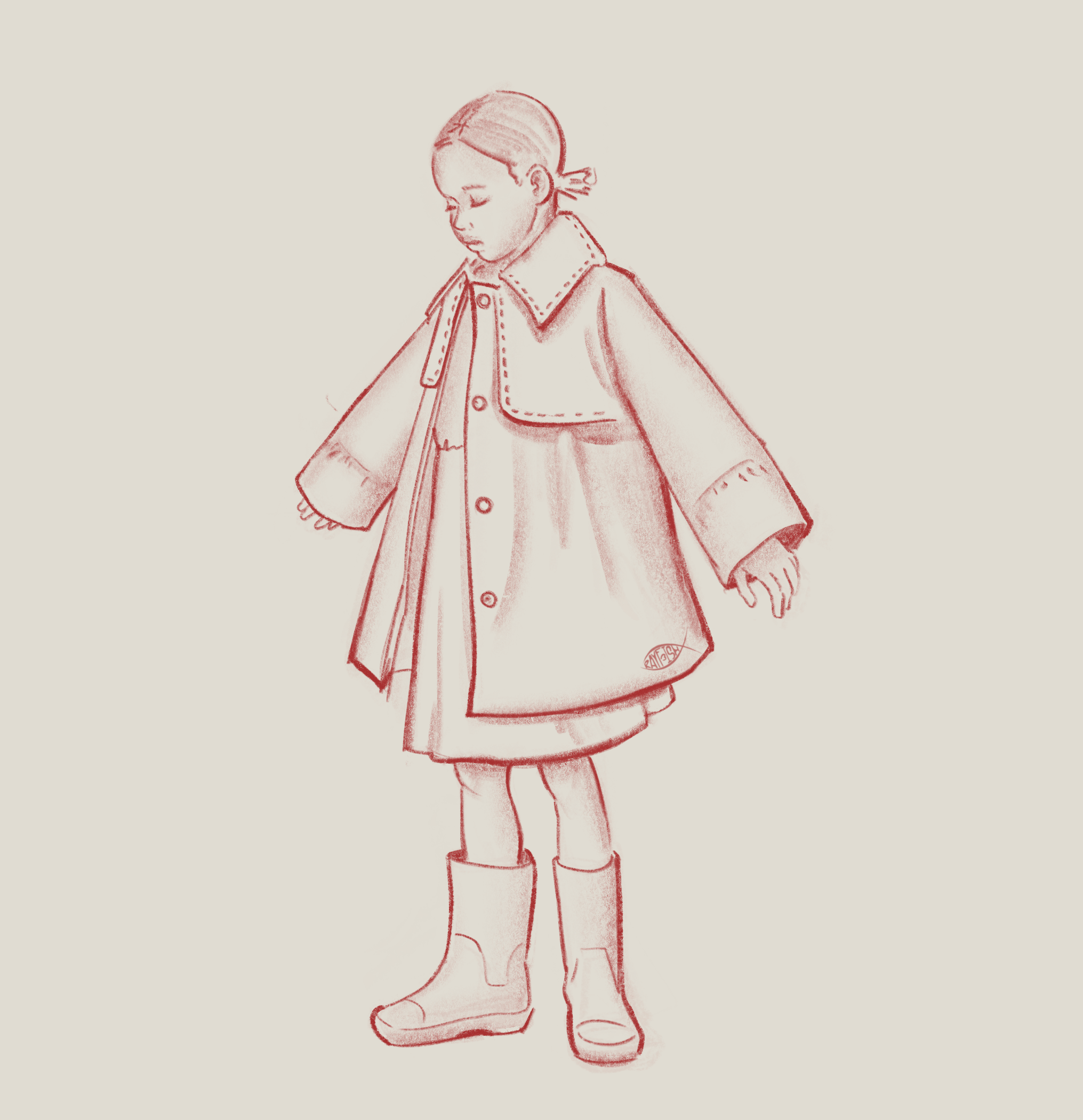 A detailed drawing of a young girl standing with her head tilted downward, wearing a long coat with a large collar and oversized cuffs, a skirt, and tall boots, all depicted in a monochromatic style.