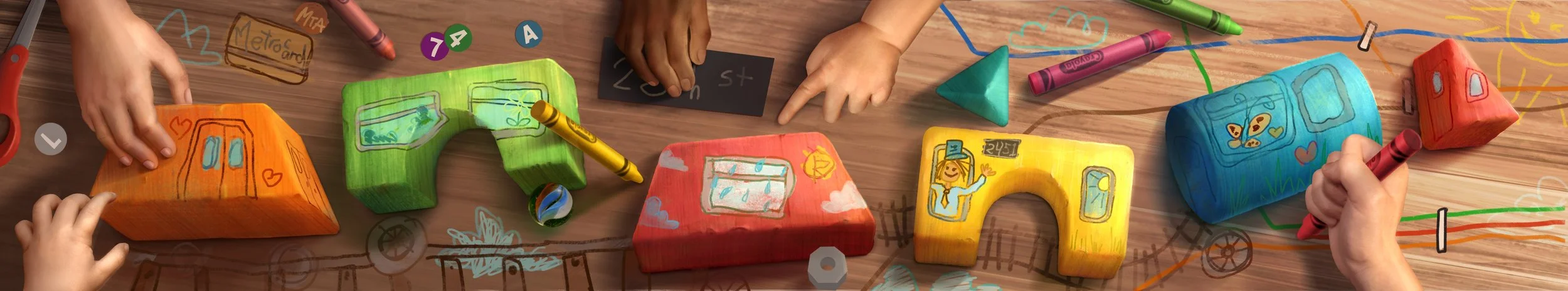 Children's hands drawing and coloring large, colorful, wooden blocks with crayons on a wooden table, surrounded by sketches and doodles.