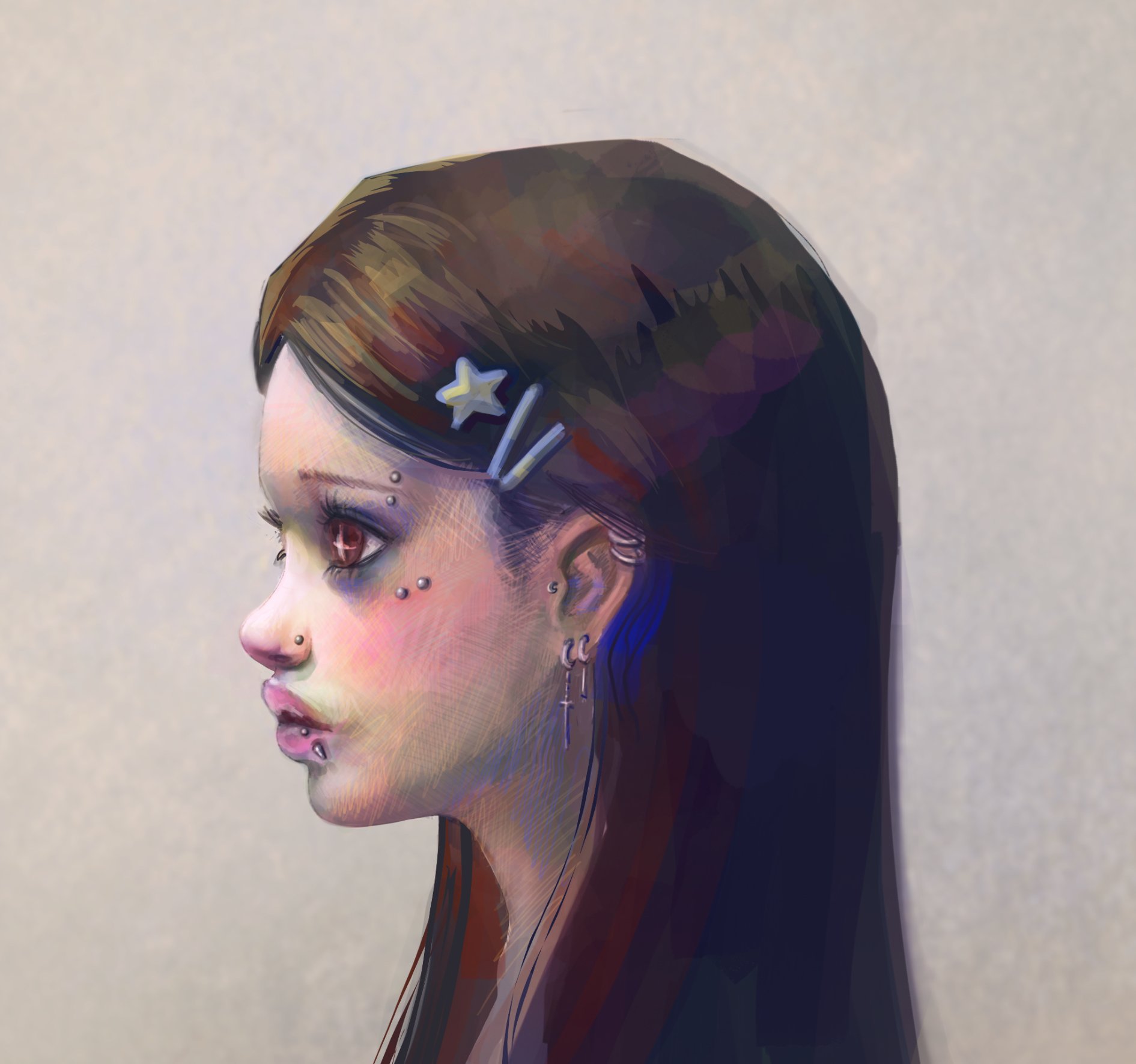 Digital illustration of a young woman with dark brown hair adorned with star-shaped hair clips, multiple facial piercings, and wearing earrings, in profile view against a plain background.