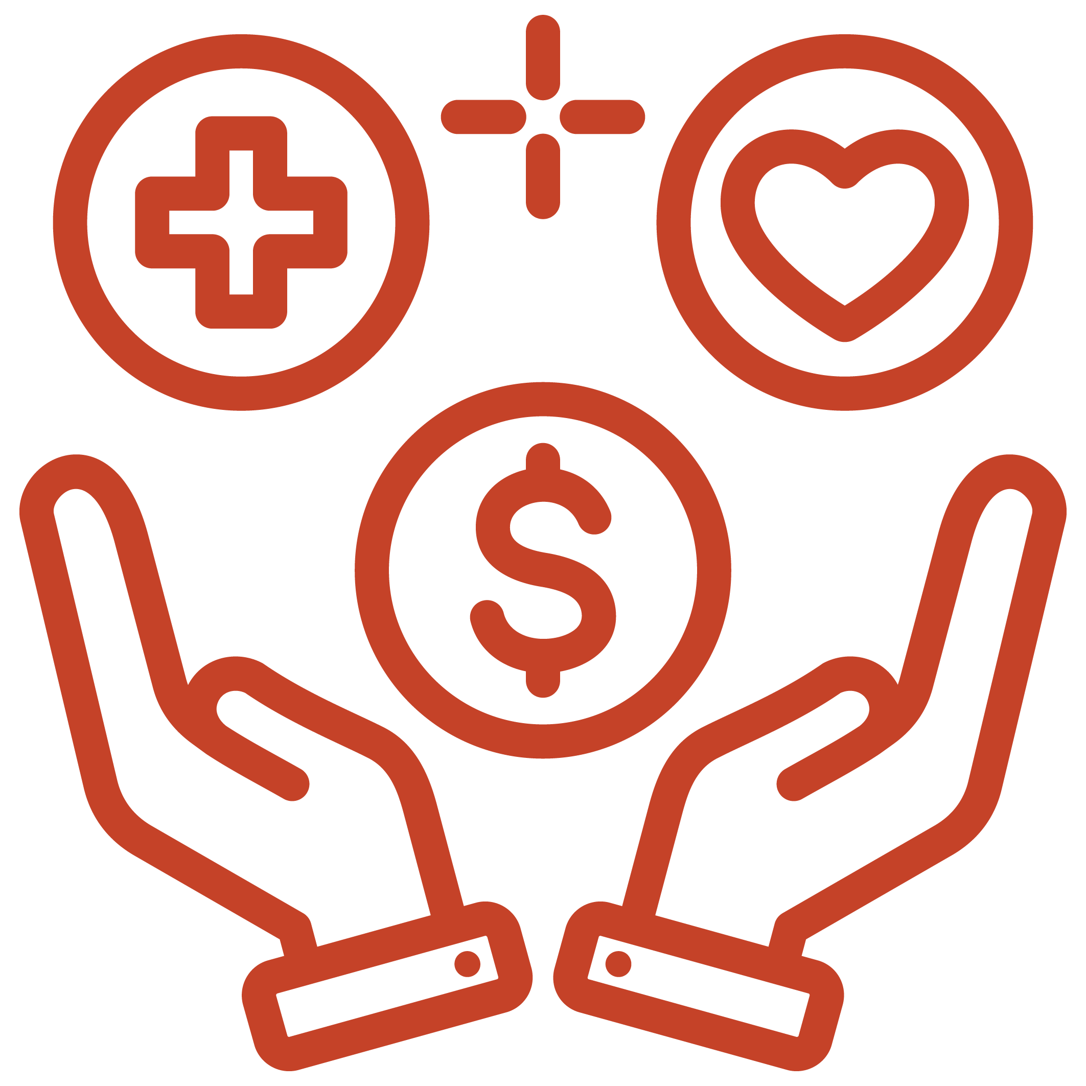 Illustration of medical symbols, including a cross and a heart, with a dollar sign in the center indicating healthcare costs or expenses.