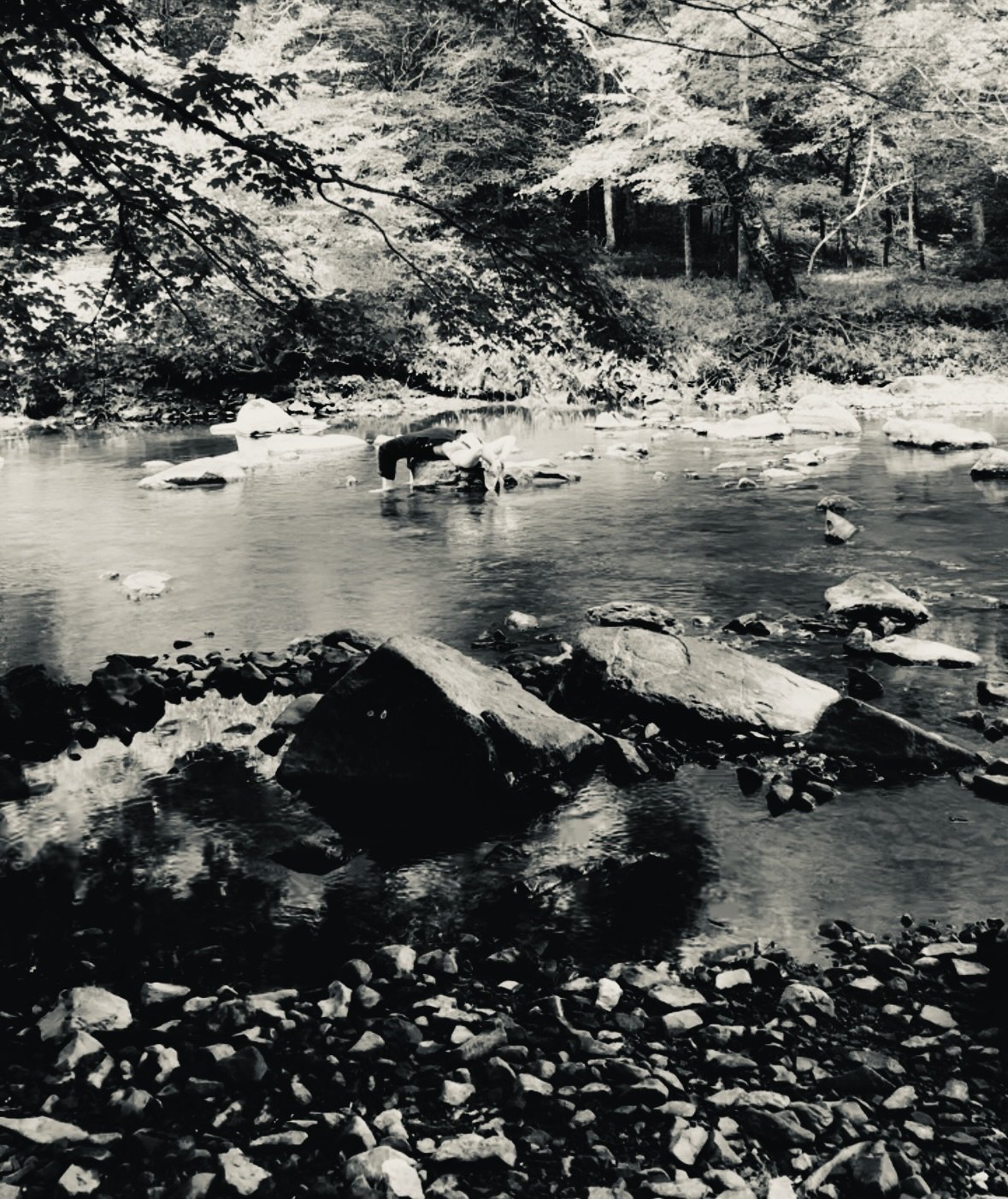 woods is laying on their back on a rock in a river with trees in the background and the river and smaller rocks in the foreground. the image is in black and white.