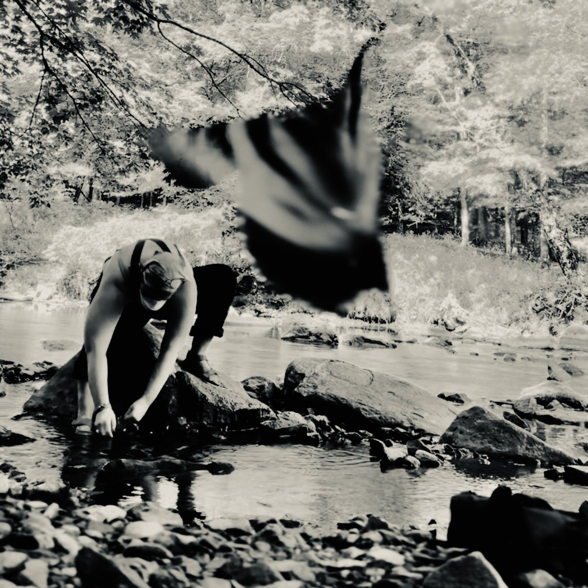 woods is sitting on a rock fixing their sandals in a river. a butterfly flies in front of the camera. the