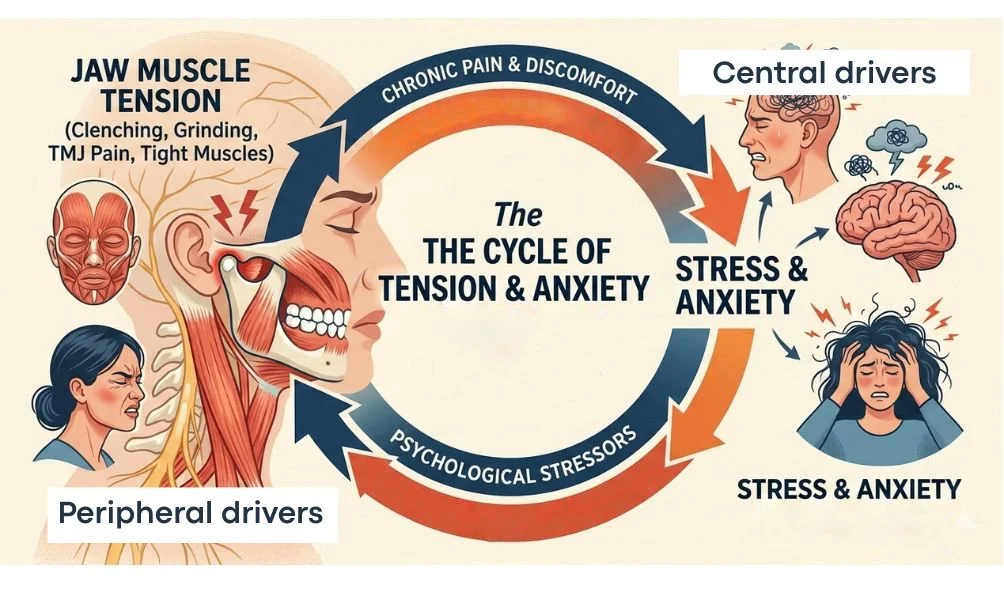jaw muscle tension clenching, teeth grinding loop with sterss and anxiety