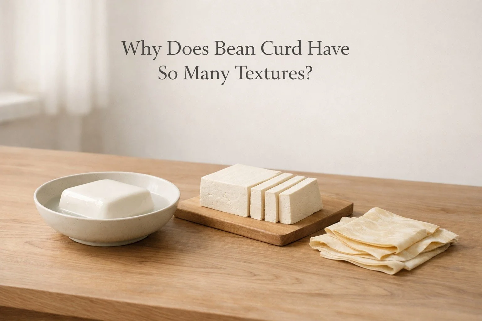 Question-led illustration showing different bean curd textures—silken tofu, firm tofu, and yuba—arranged on a wooden table in a calm kitchen setting.