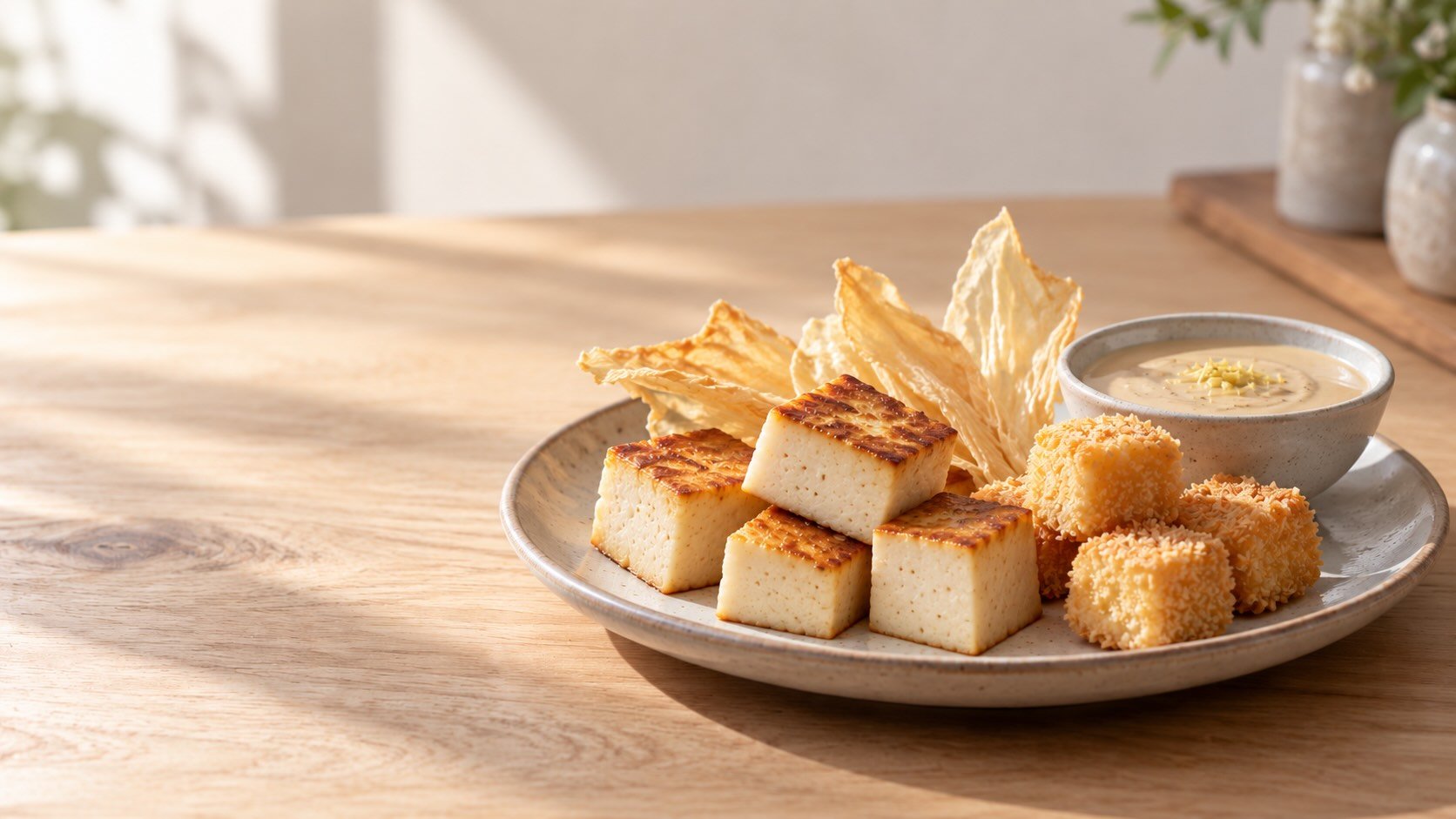 Golden tofu cubes, crumb-coated tofu bites and crisp yuba chips served with a creamy dip on a sunlit pale-oak worktop.