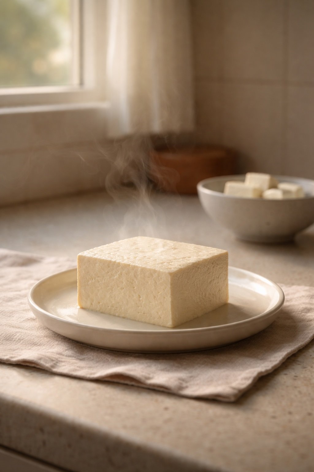 Editorial still life of warm and cool tofu illustrating how temperature shapes taste and flavour perception.