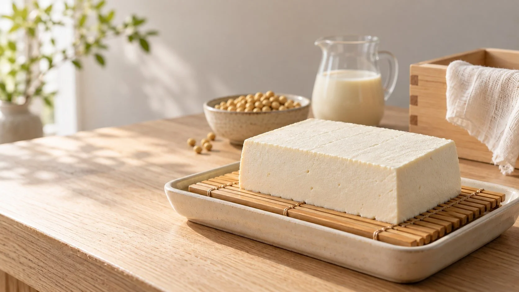 Fresh homemade tofu on a bamboo draining board beside dried soybeans, a jug of soy milk and a wooden tofu mould with muslin.