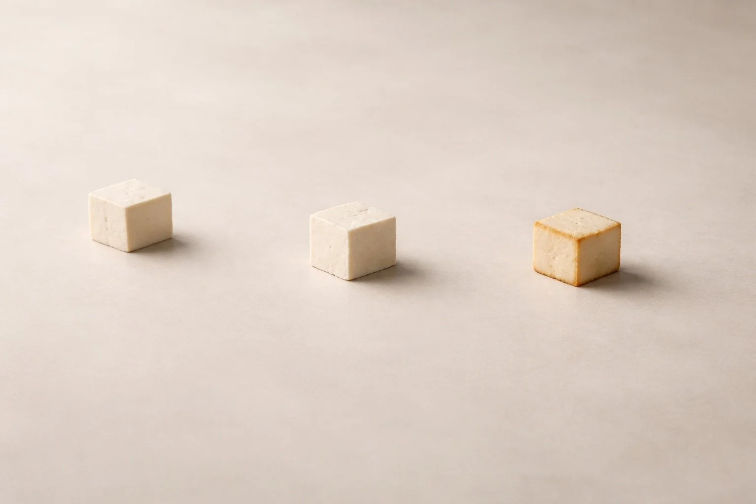 Tofu pieces spaced apart on a neutral surface, showing stages of drying and browning to illustrate airflow and heat in plant-based cooking.