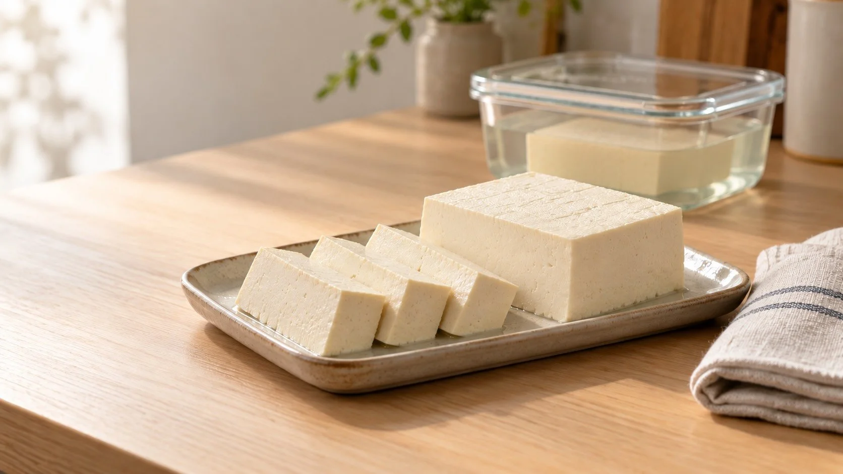 Fresh firm tofu and three cut pieces on a ceramic tray, with a covered container of tofu submerged in water behind them.