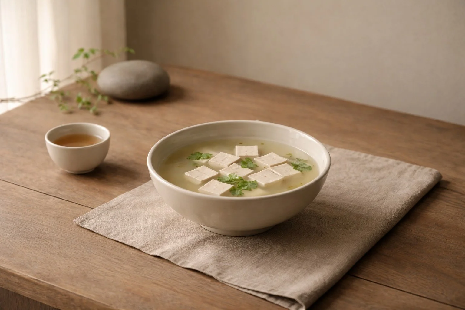 Minimalist tofu in clear broth inspired by ancient Chinese balance