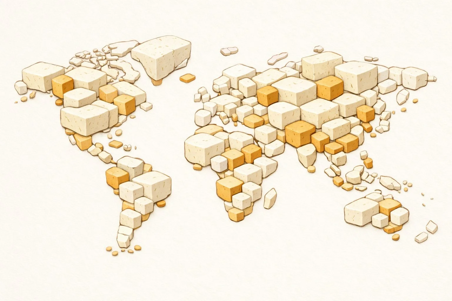 Minimal illustrated map showing tofu styles around the world