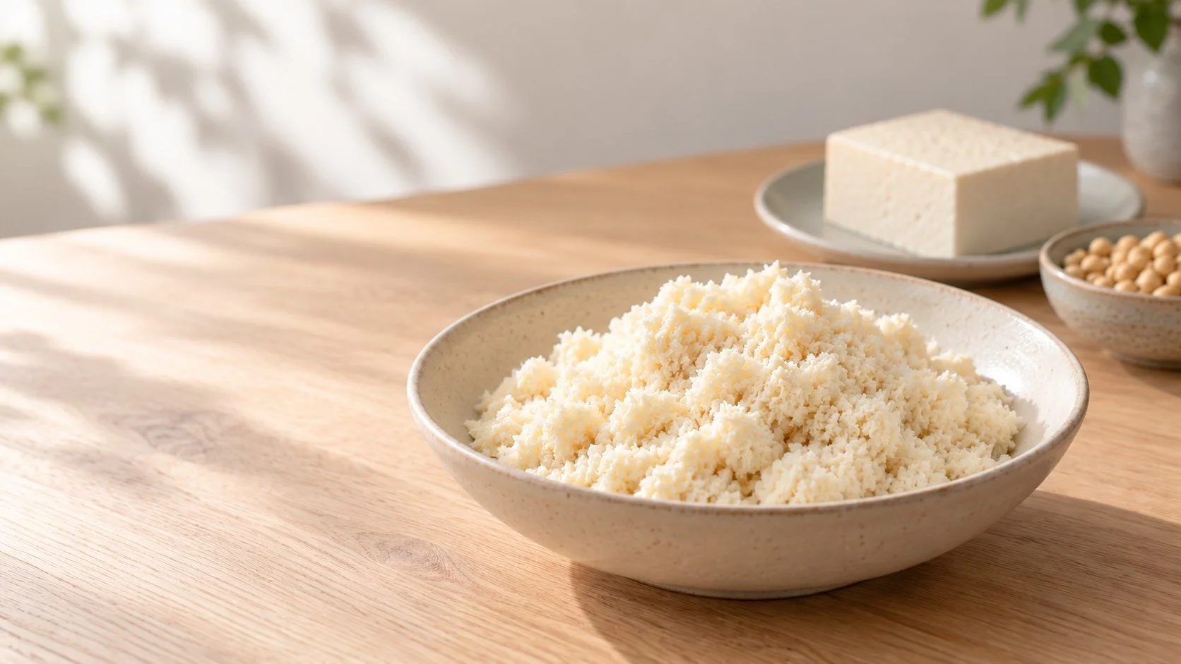 Fresh okara soy pulp in a ceramic bowl, with tofu and dried soybeans behind it on a pale-oak worktop.