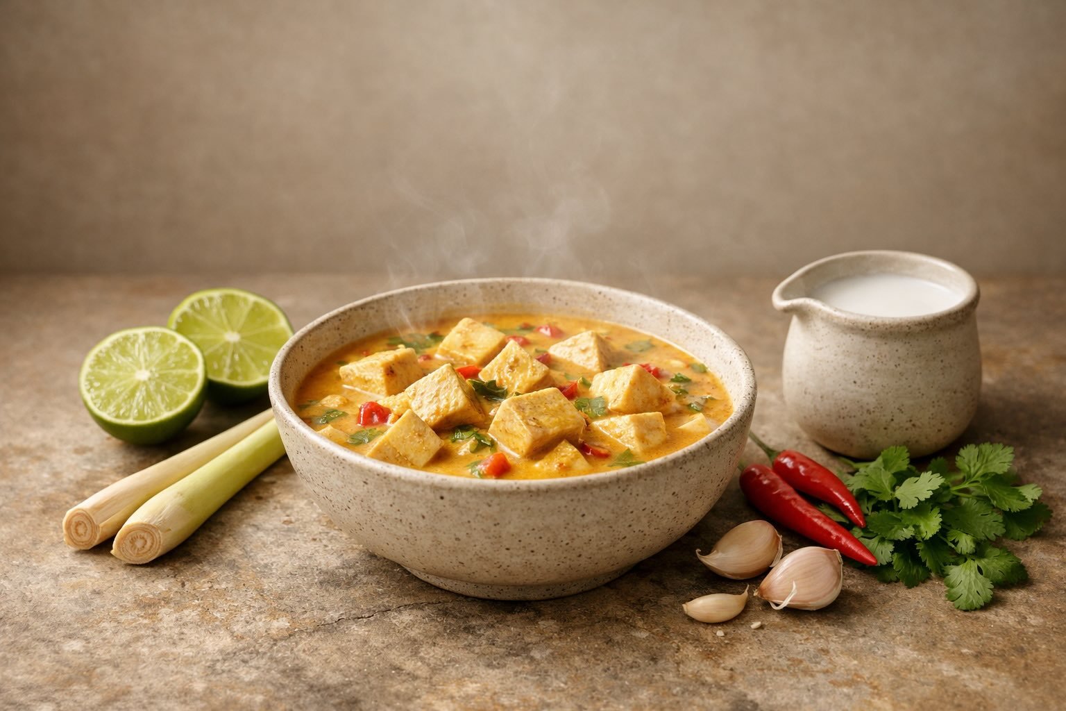 Creamy tofu coconut curry with lemongrass, lime, and herbs in a minimalist editorial setting