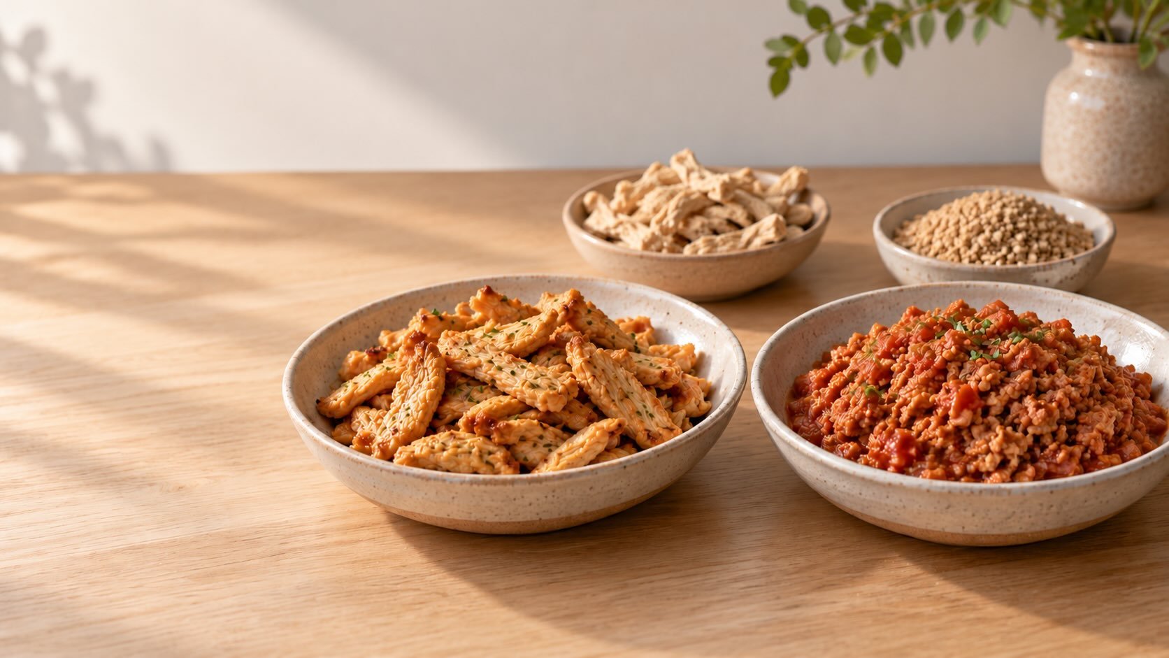 Cooked soy curls and tomato-coated TVP crumbles in ceramic bowls, with their dried forms behind them on a pale-oak worktop.