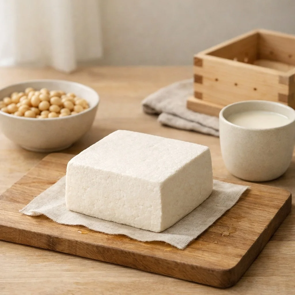 Editorial hero image questioning whether tofu can be made at home, featuring a fresh tofu block with soybeans and soy milk in a calm kitchen setting.