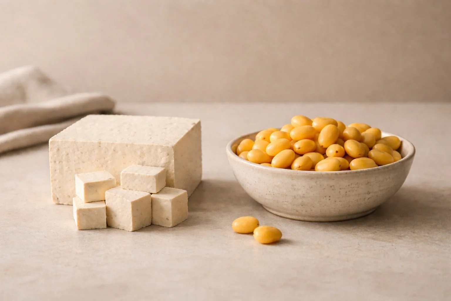 Tofu and lupin protein shown side by side in a minimalist editorial still life highlighting texture and contrast.