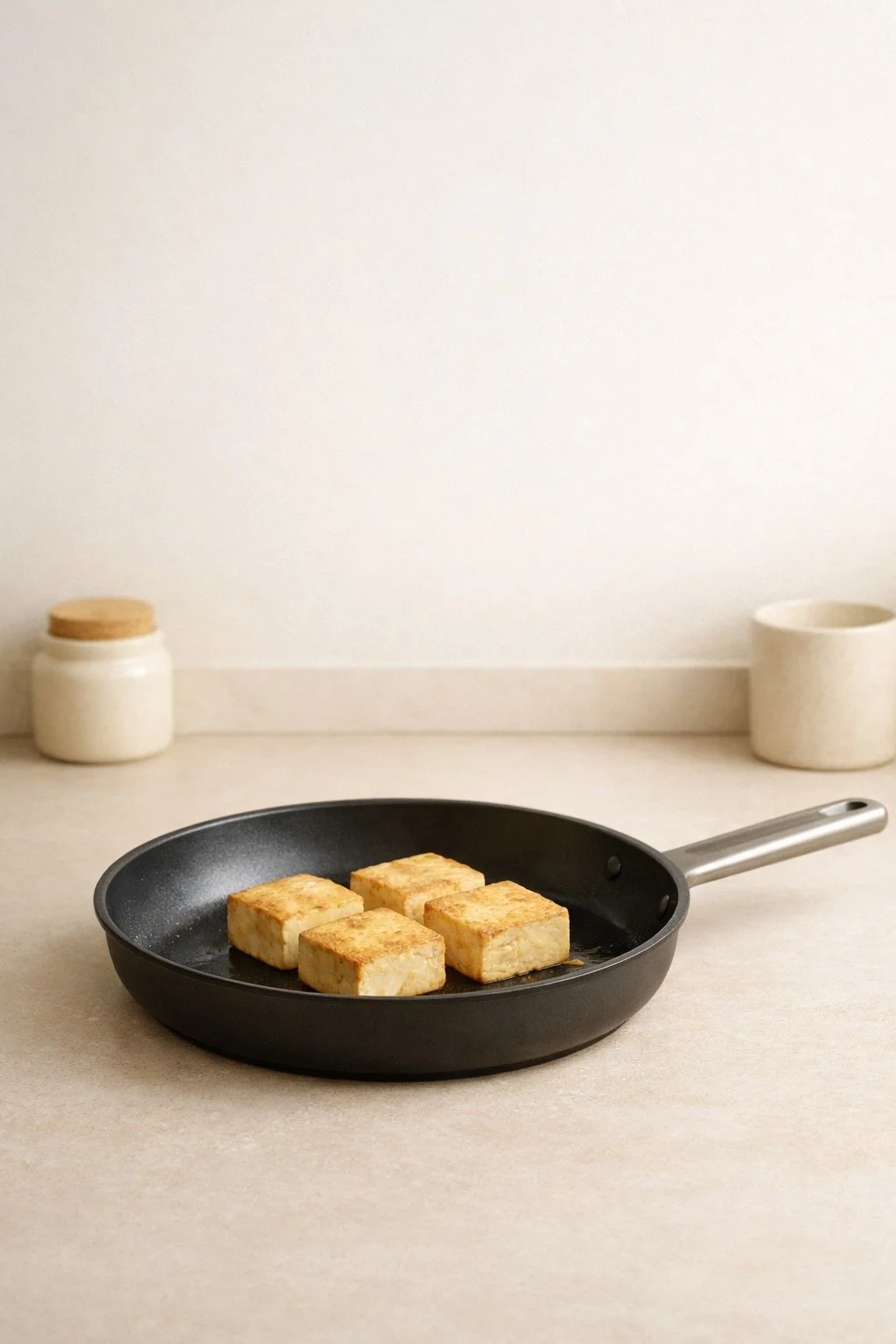 Minimalist illustration of tofu resting calmly in a pan after cooking