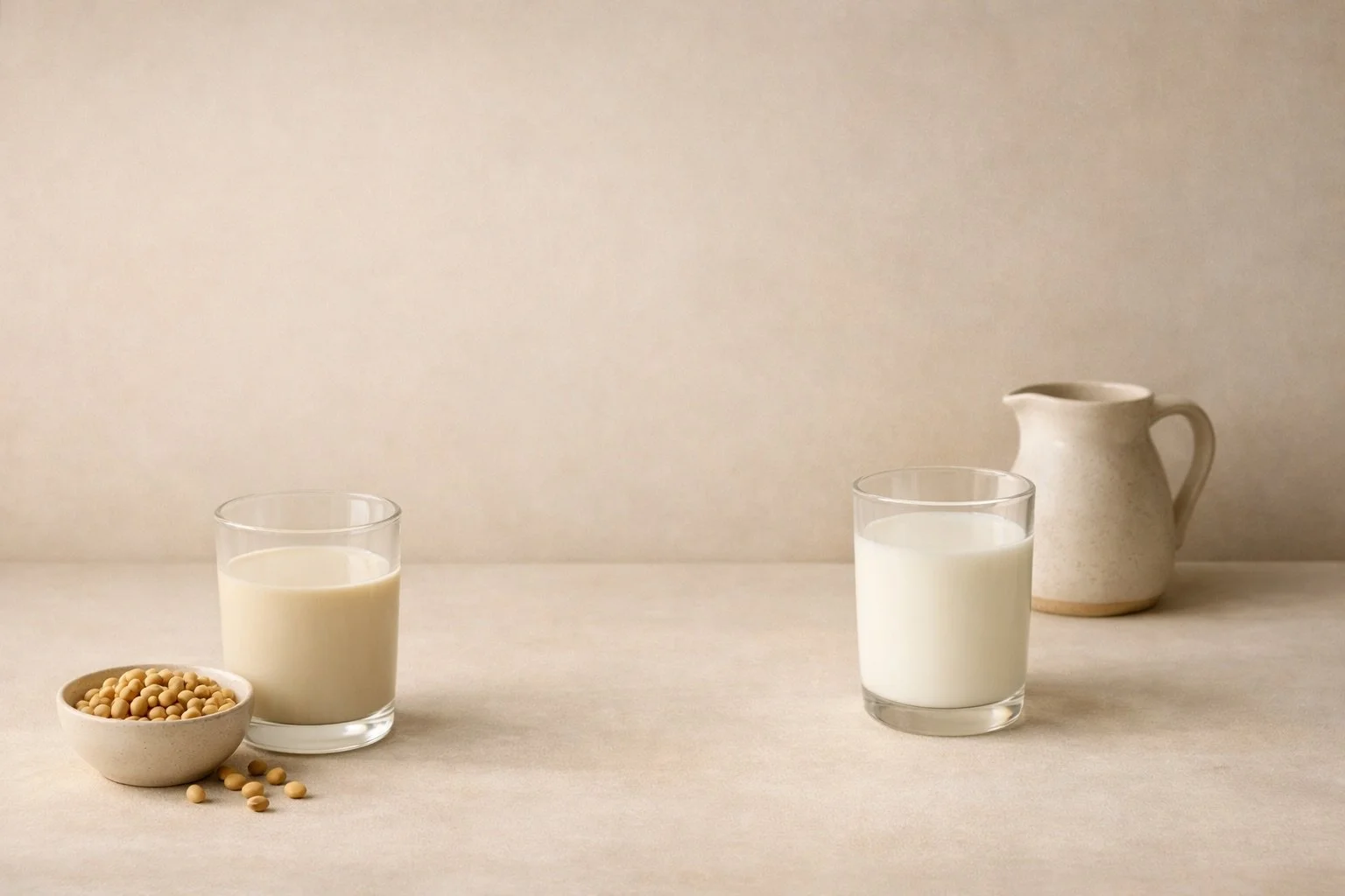 Soy milk and dairy milk comparison with soybeans in a minimalist editorial setting
