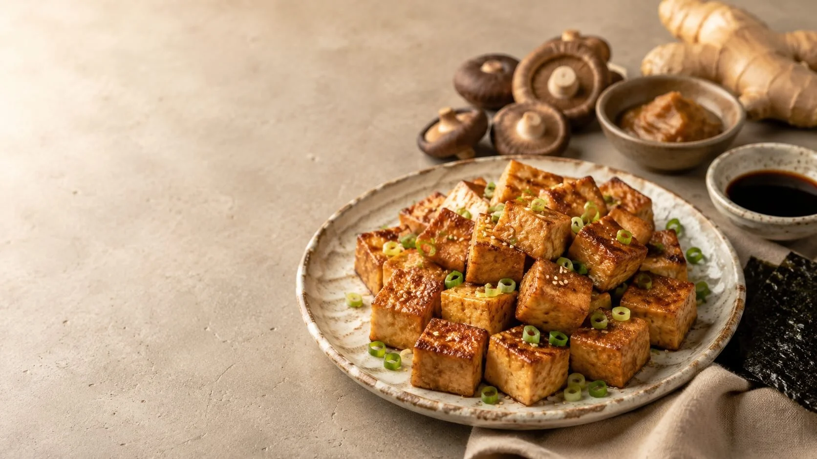 Crispy glazed tofu served with mushrooms, miso, soy sauce, seaweed, garlic, and ginger, illustrating meat-free umami-building ingredients and techniques.
