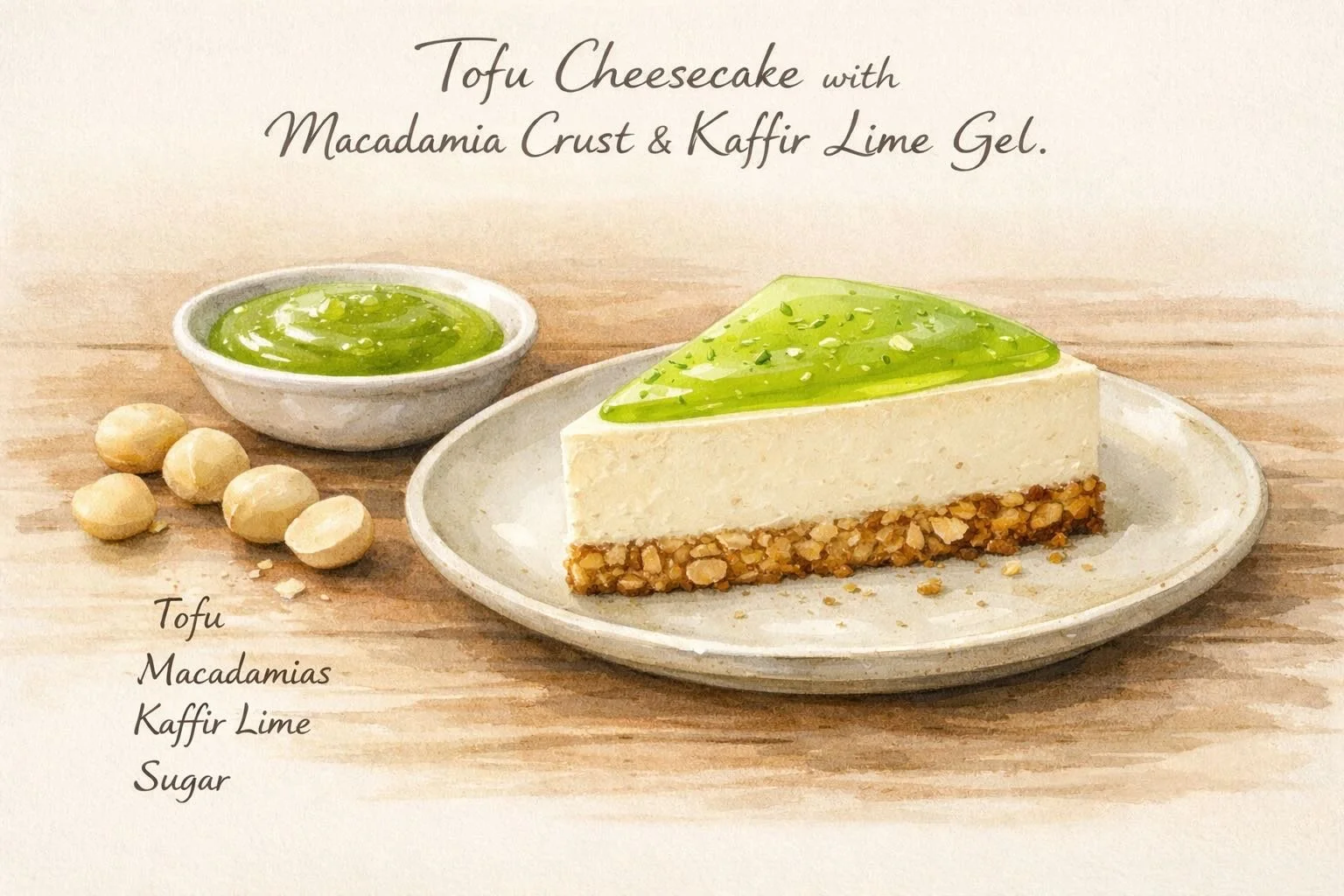 Tofu “Cheesecake” with Macadamia Crust and Kaffir Lime Gel