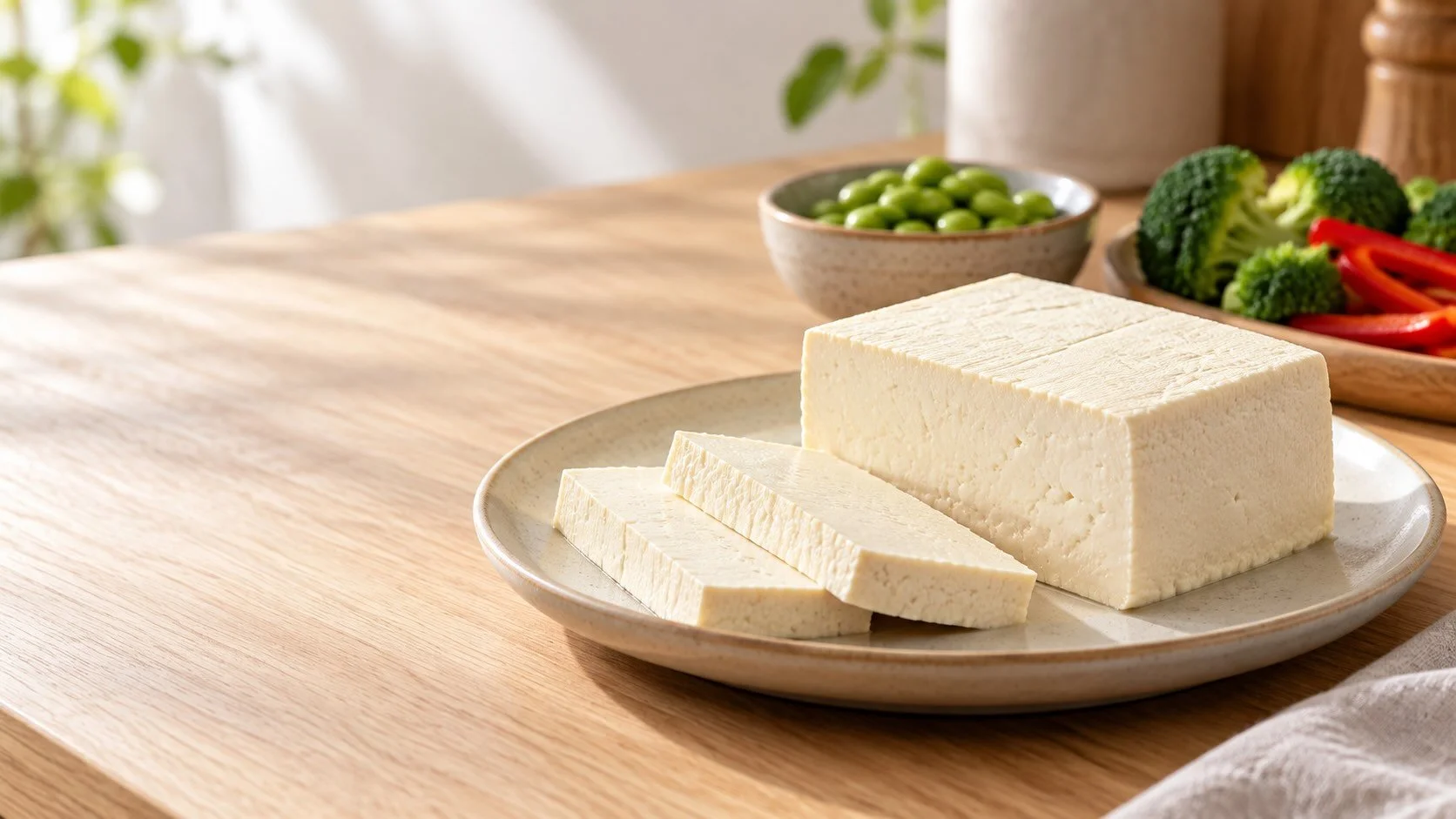Fresh firm tofu and two slices on a ceramic plate, with edamame, broccoli and red capsicum behind.